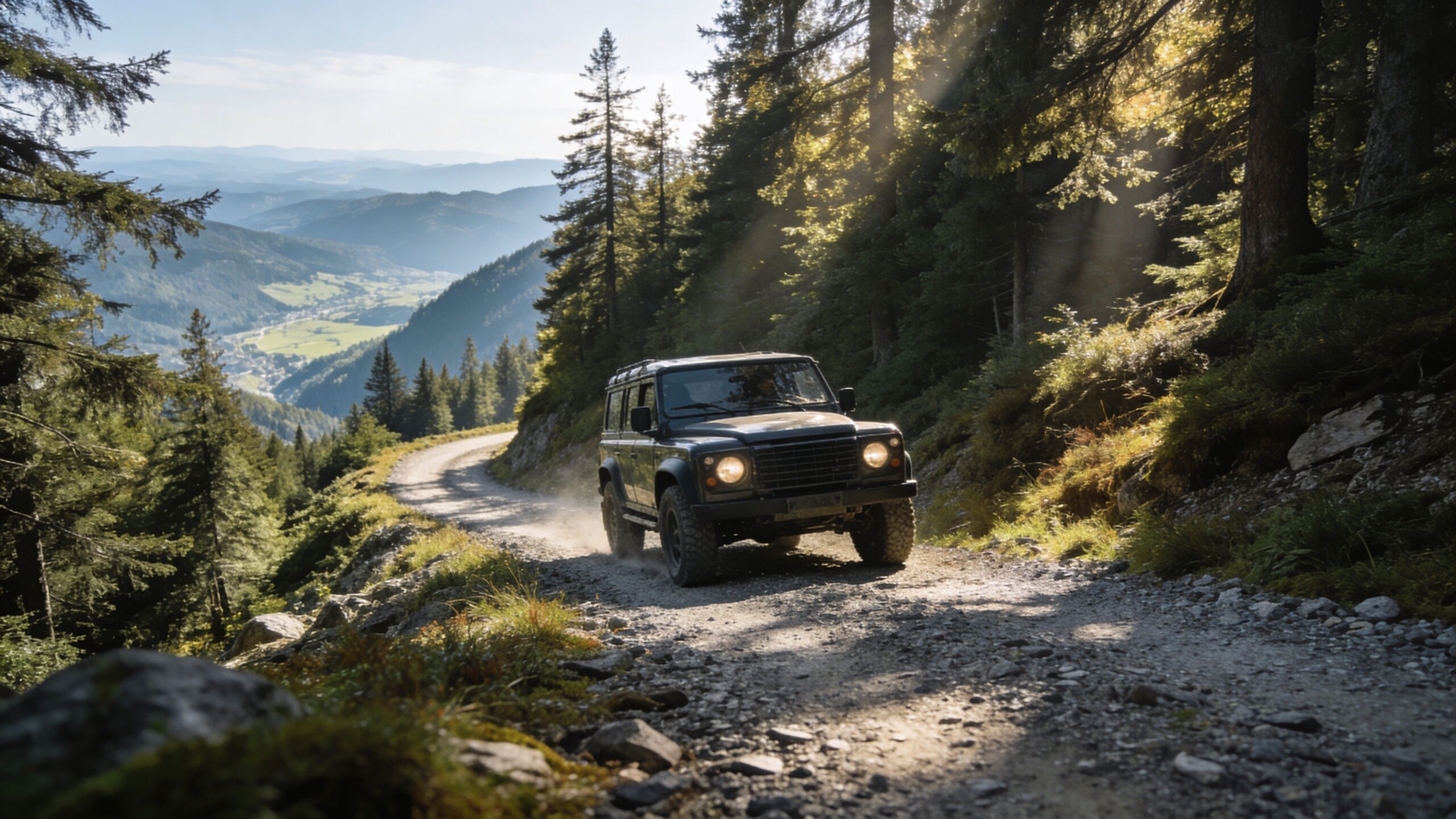A dark off-road SUV driving along a rugged dirt mountain path surrounded by tall green pine trees.