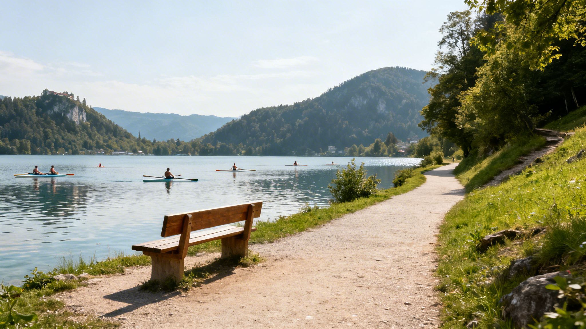 Panoramic view of Lake Bled with kayakers, a wooden bench, and surrounding mountains.