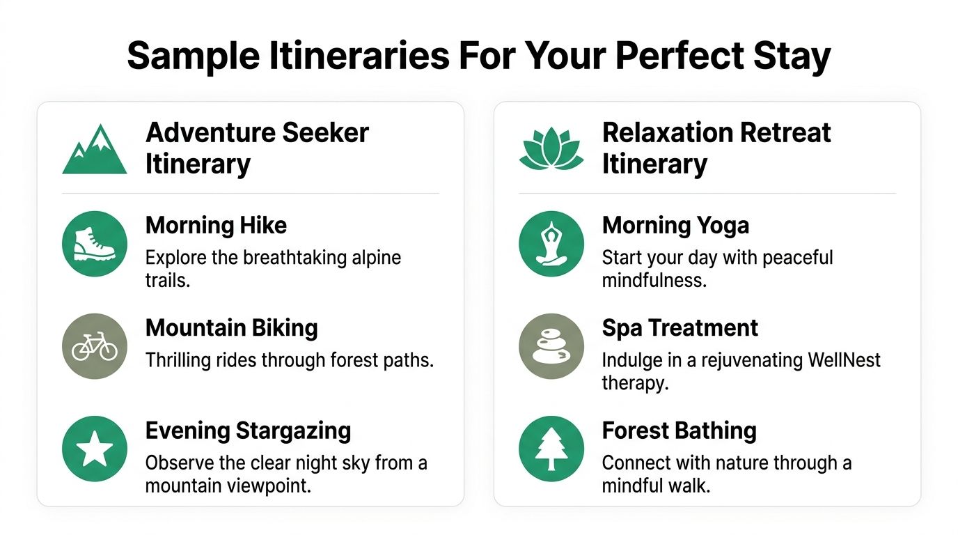 A graphic showing two sample travel itineraries for a wellbeing resort, Adventure Seeker and Relaxation Retreat.