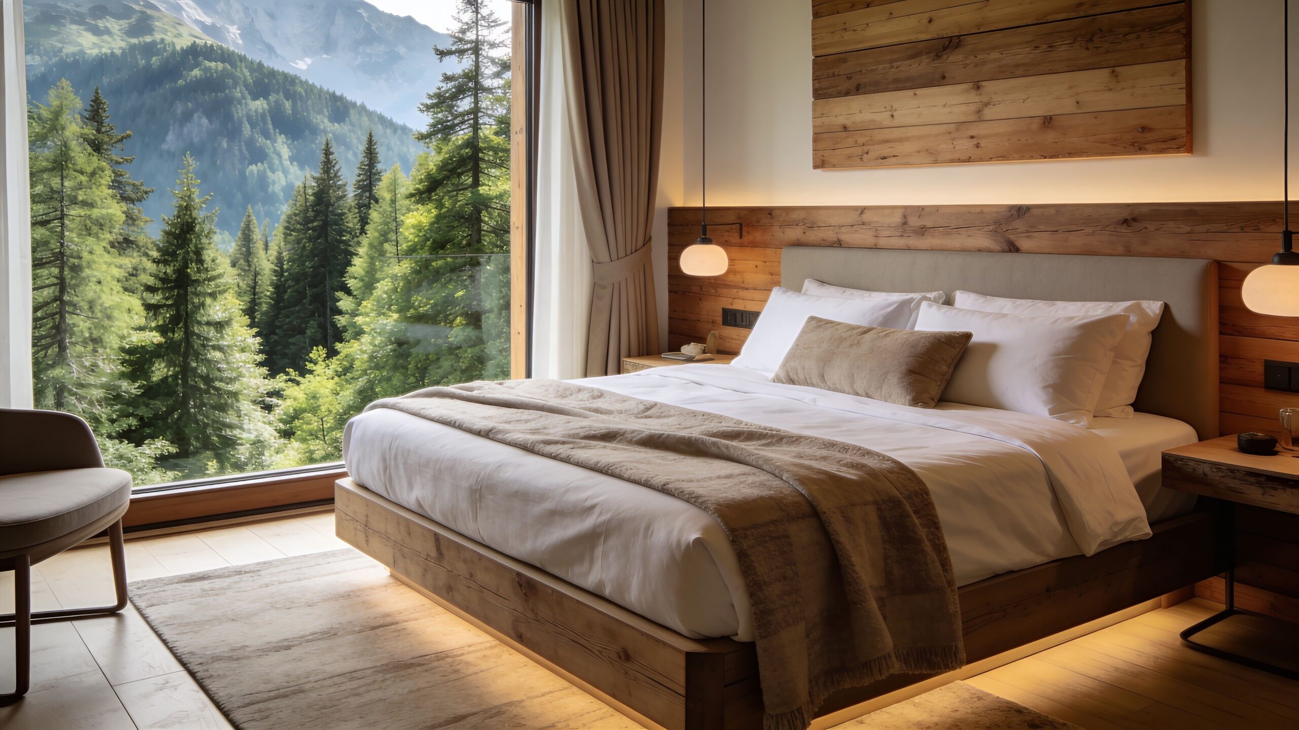 A modern, cozy hotel bedroom with wooden accents featuring a stunning mountain view and forest landscape.