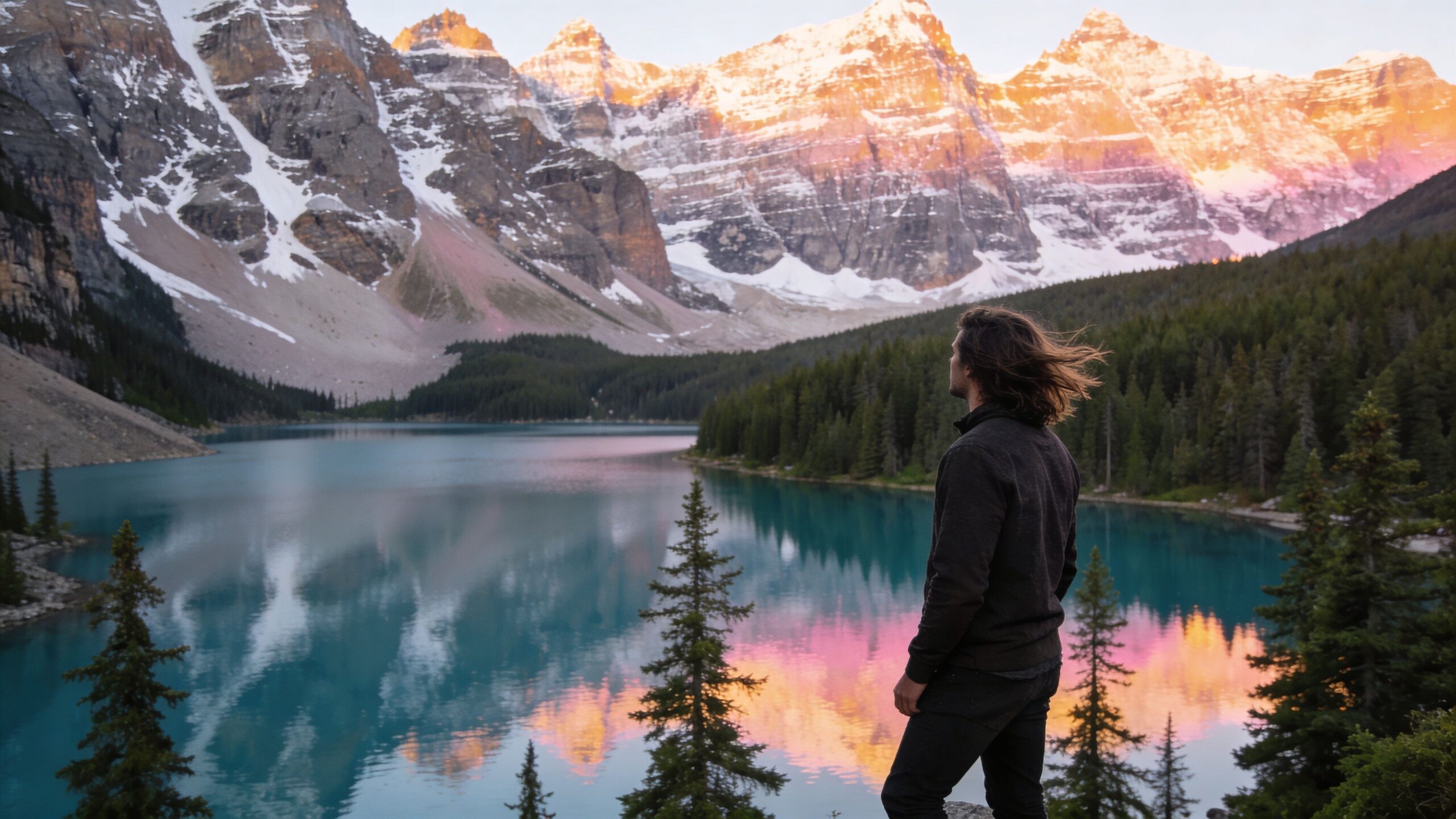 A person with long hair stands overlooking a turquoise mountain lake with snow-capped peaks at sunrise.
