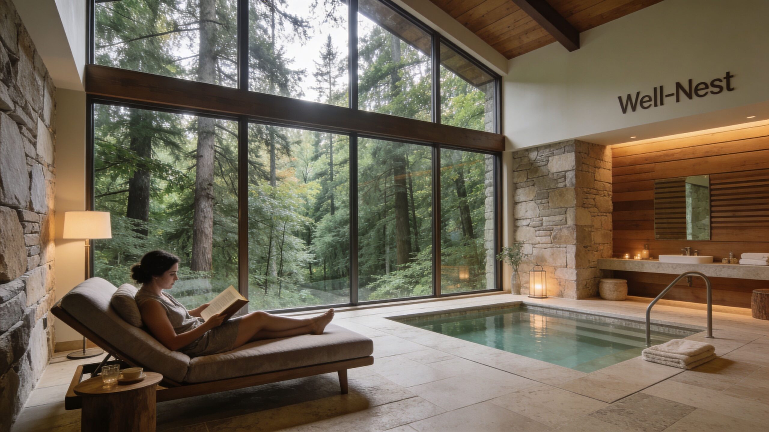 A woman reads a book while relaxing on a lounge chair next to a tranquil indoor spa pool.