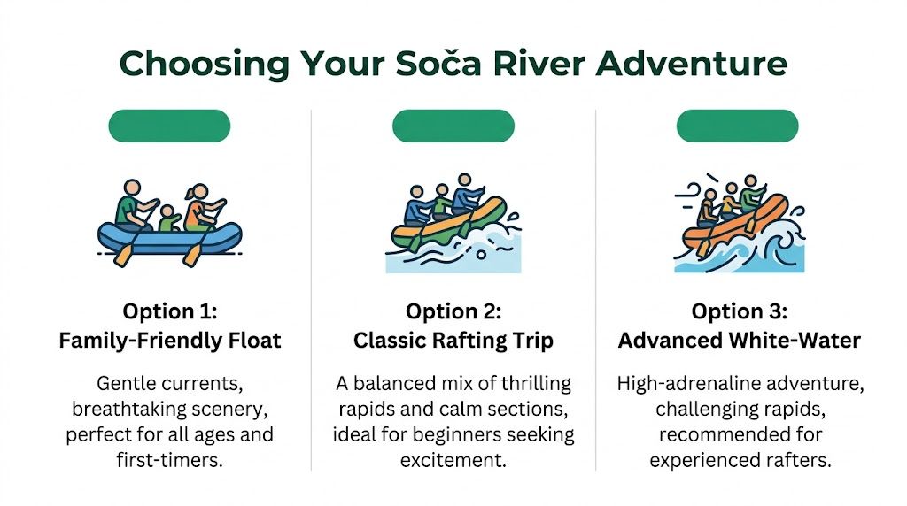A graphic showing three rafting options on the Soča River, ranging from family-friendly floats to advanced white-water.