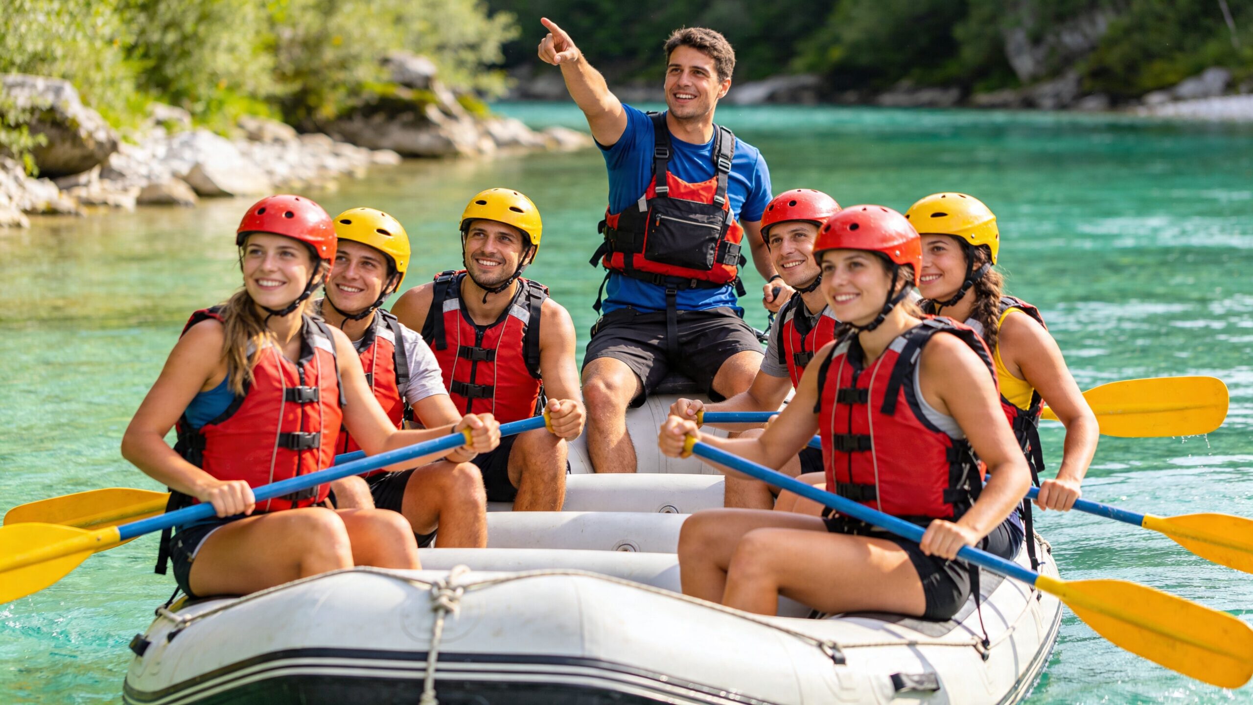 A group of happy friends rafting on the turquoise Soca River in Slovenia with a guide
