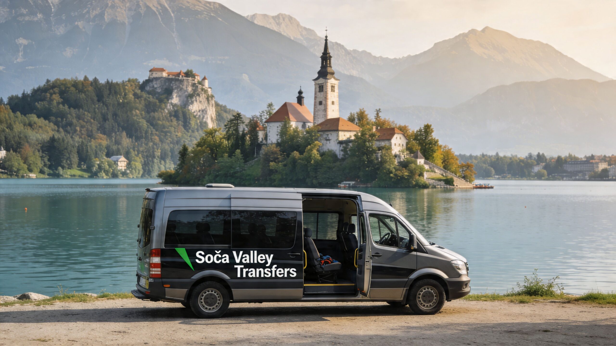 A gray passenger van with Soča Valley Transfers branding parked by the scenic Lake Bled in Slovenia.