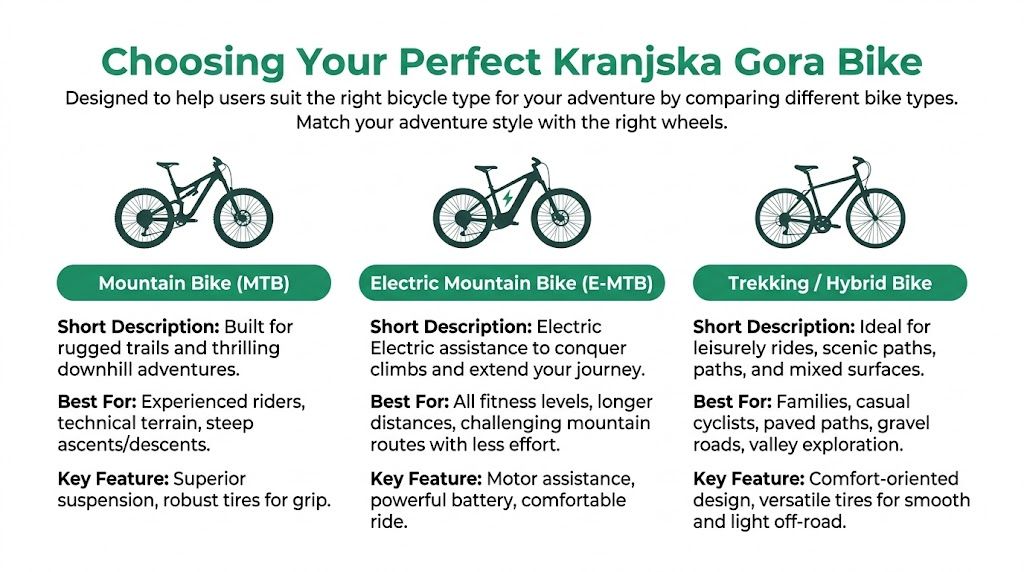 A comparison guide for choosing the right bike for outdoor adventures in Kranjska Gora, Slovenia.