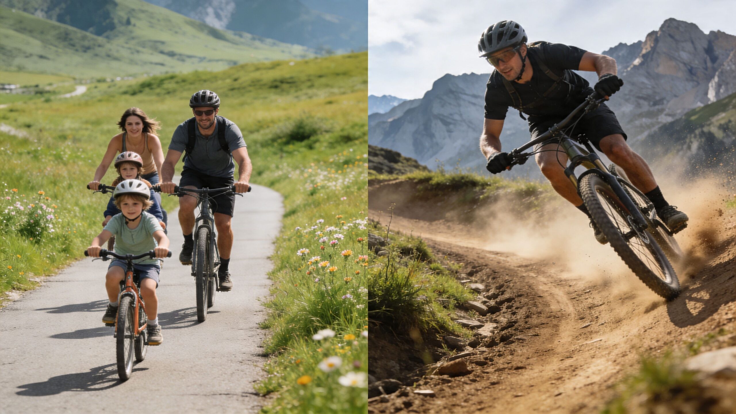 A family cycling on a paved path and a mountain biker riding on a dusty trail.