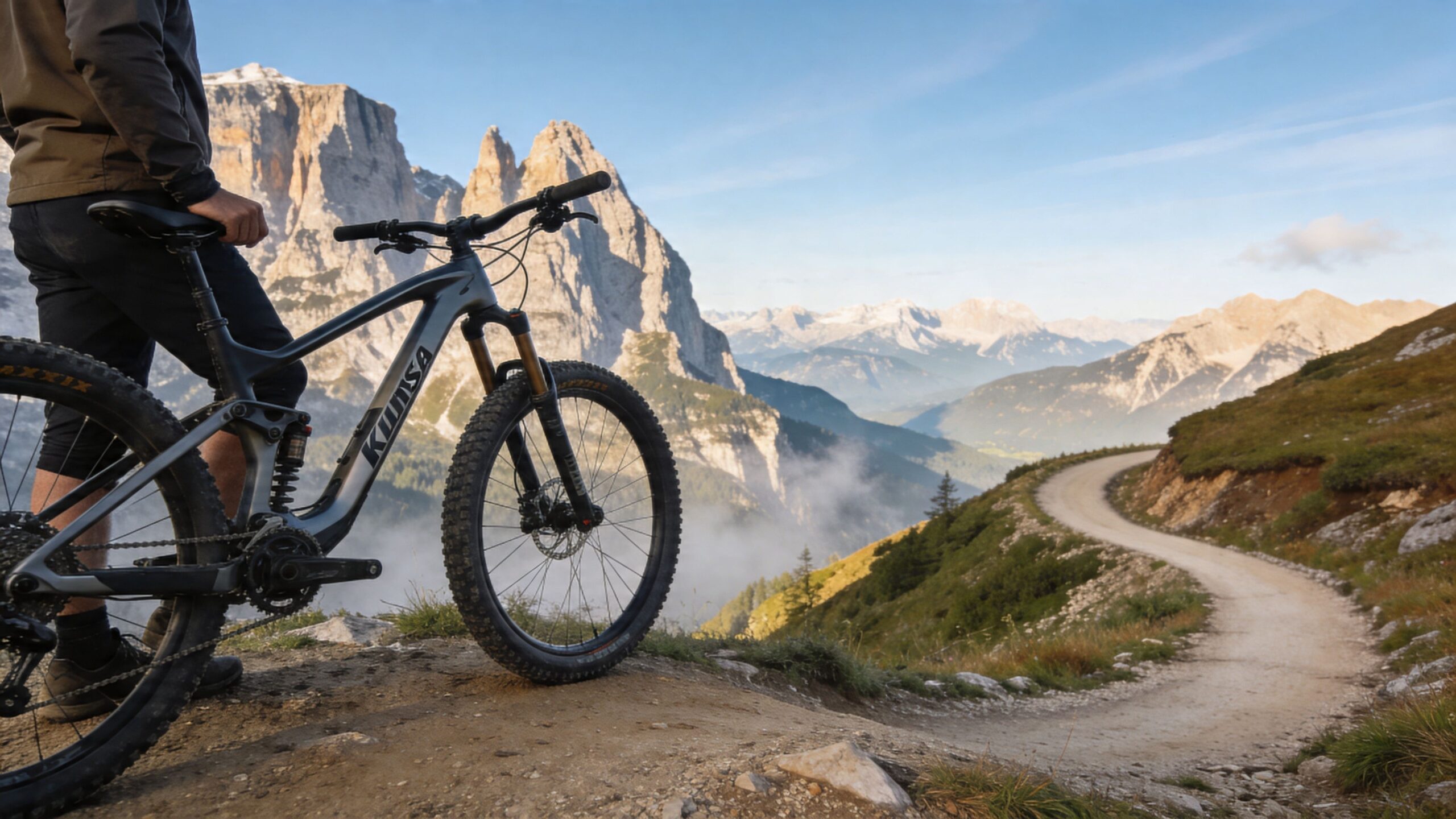 A cyclist pauses with their mountain bike on a high alpine trail overlooking the majestic Dolomite mountains.