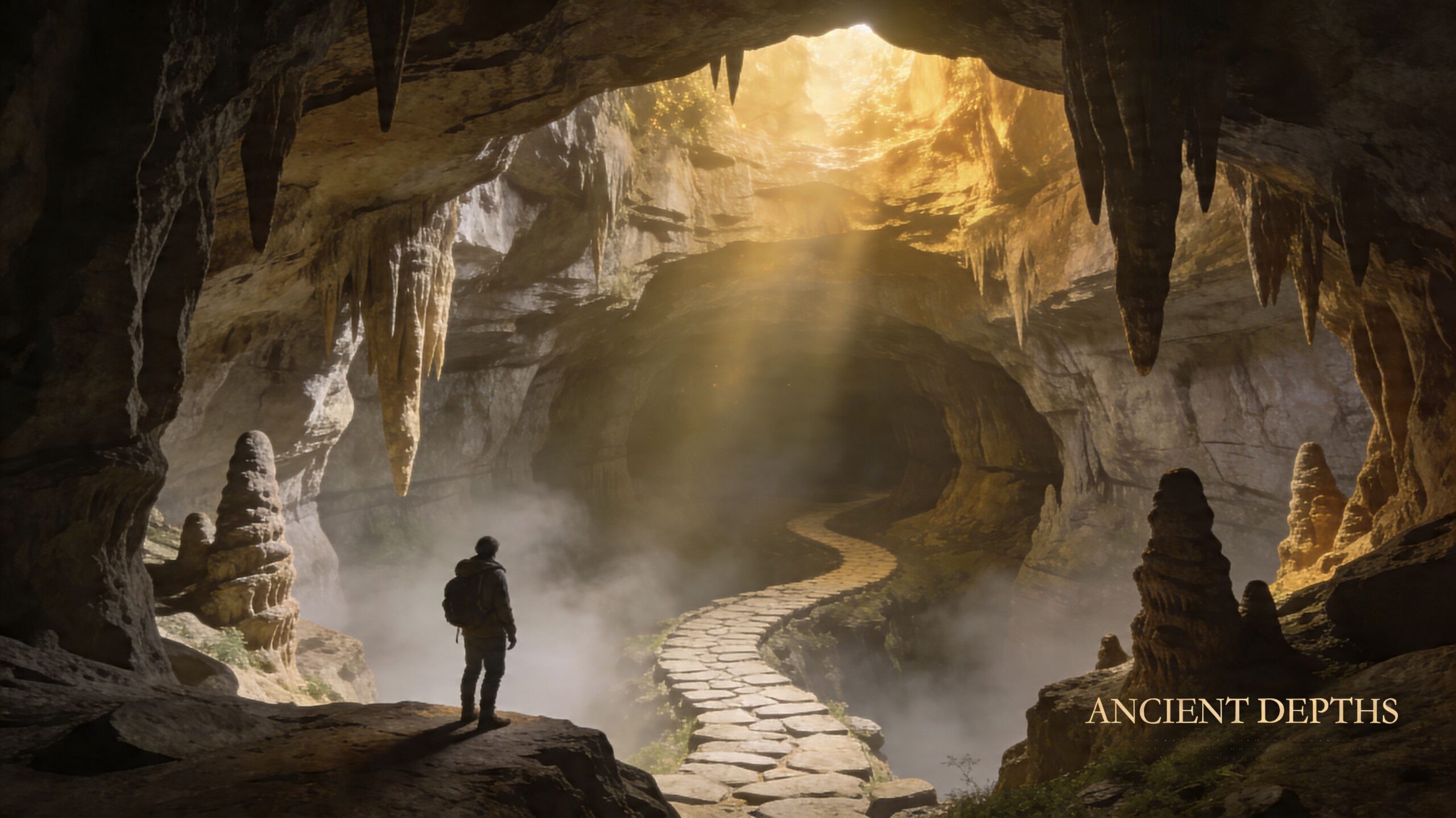 A traveler stands before a stone path leading into a mystical, sunlit limestone cave system.