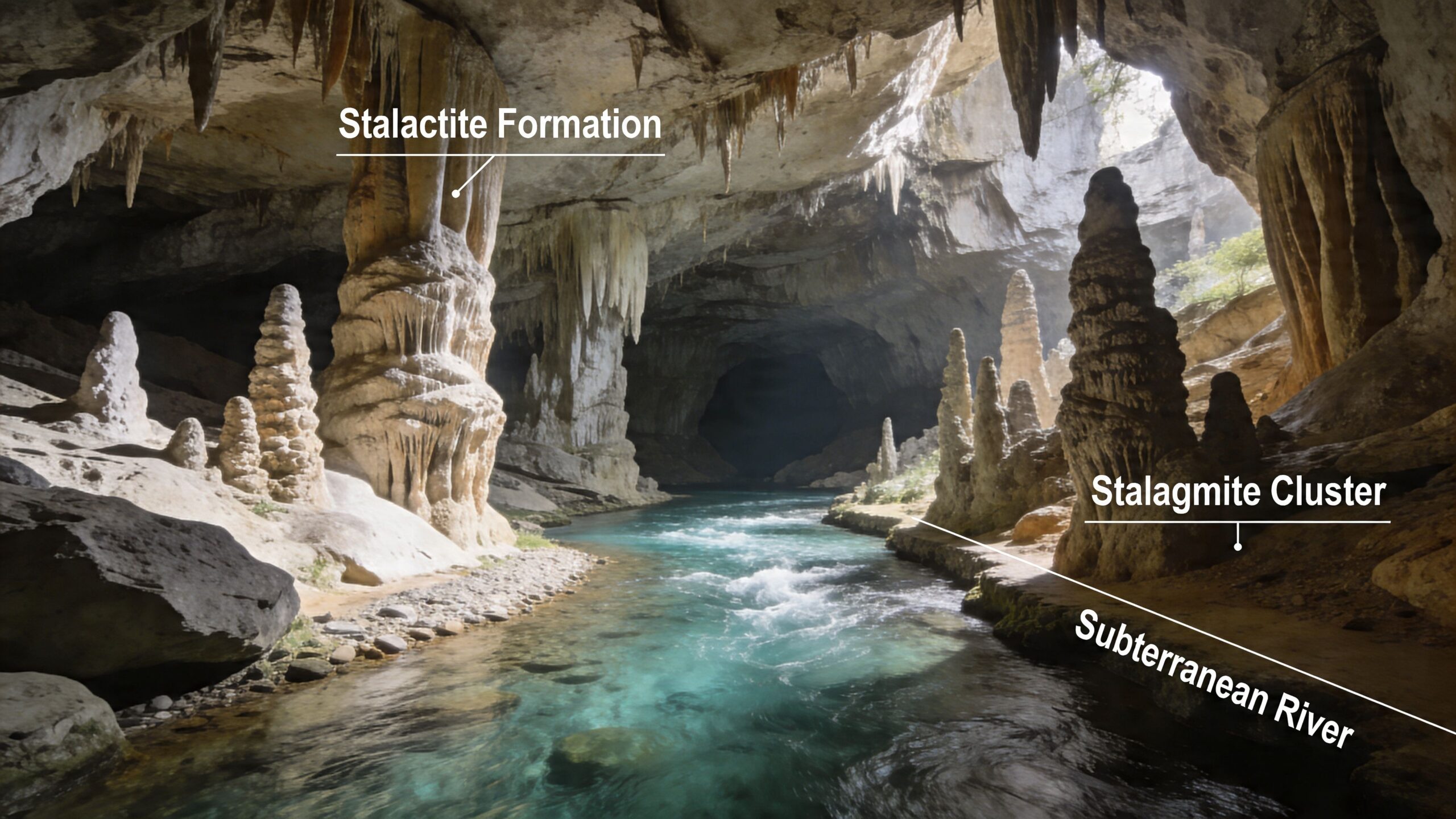 A stunning underground river flows through a grand limestone cave with impressive stalactite and stalagmite rock formations.