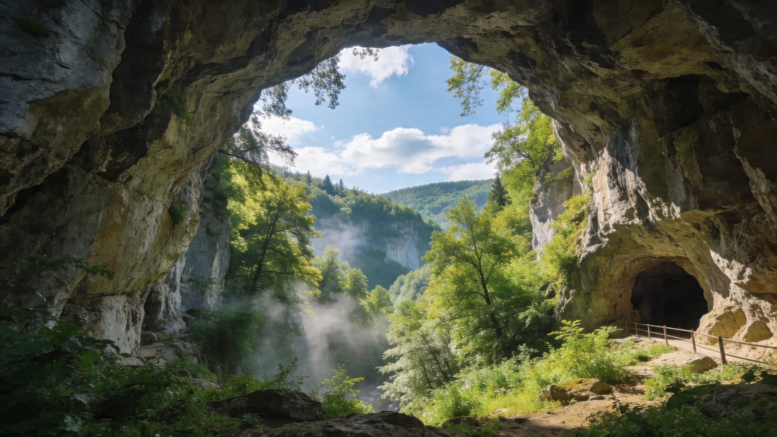 A scenic view looking out from the entrance of the Skocjan Caves towards a lush green forest.