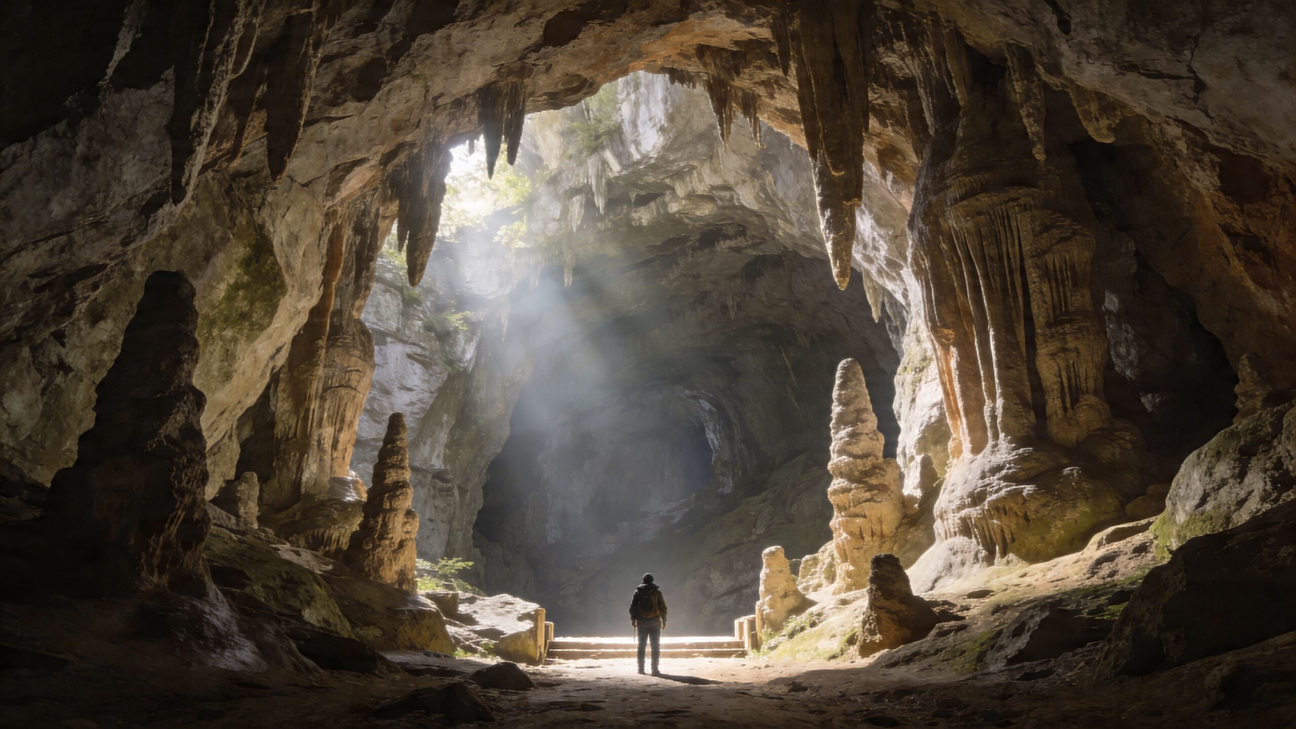 A lone hiker stands inside the vast, naturally illuminated cavern of Skocjan Caves in Slovenia.