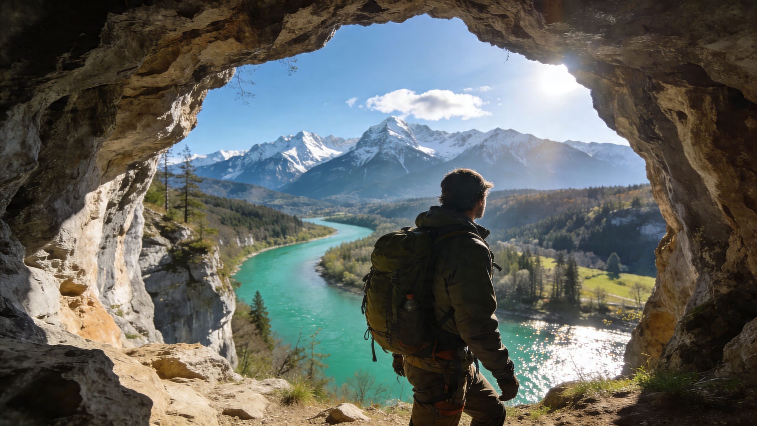 A hiker with a large backpack looking at a river valley from a mountain cave opening.