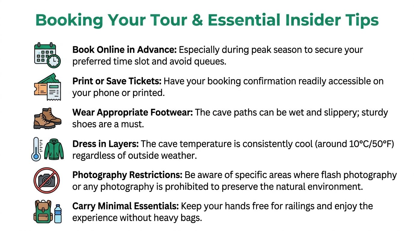 A list of essential tips and advice for booking and preparing for a cave tour visit.