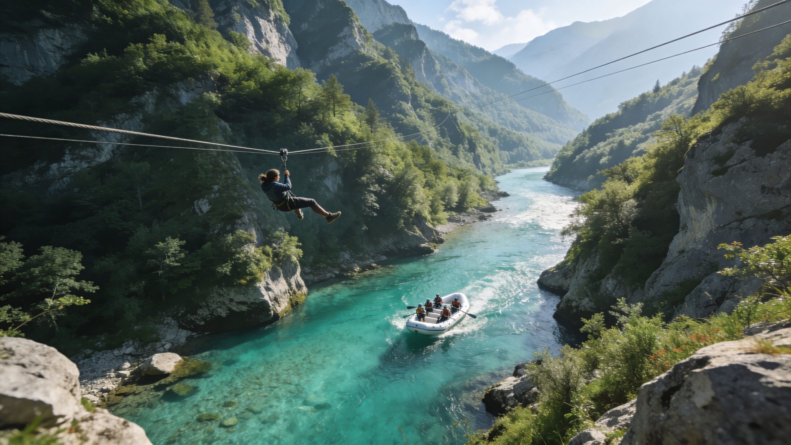A person on a zipline traversing over the turquoise Soča river with a whitewater rafting group below.