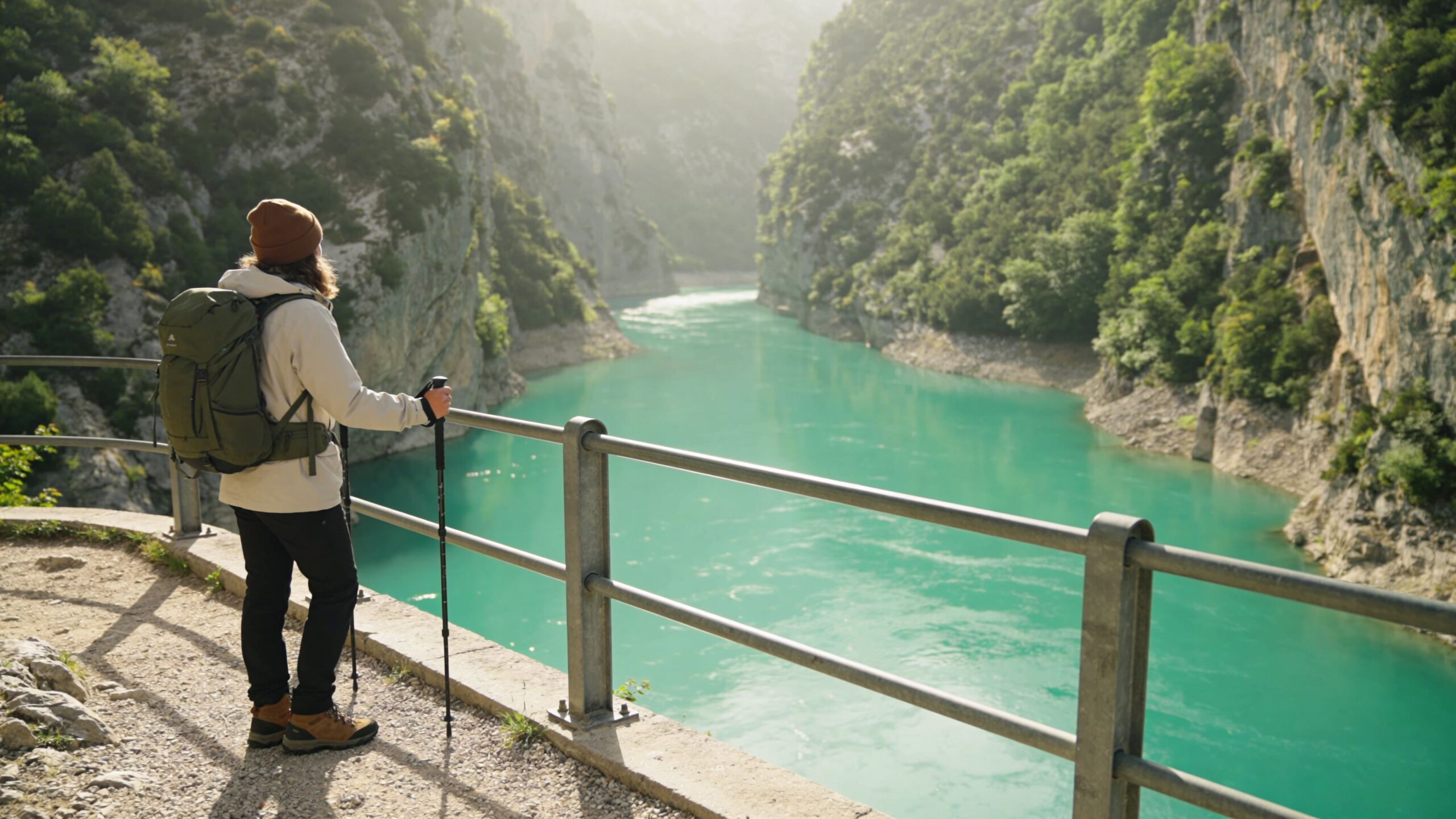A hiker stands on a scenic trail overlooking the turquoise Soca River in the mountains of Slovenia.