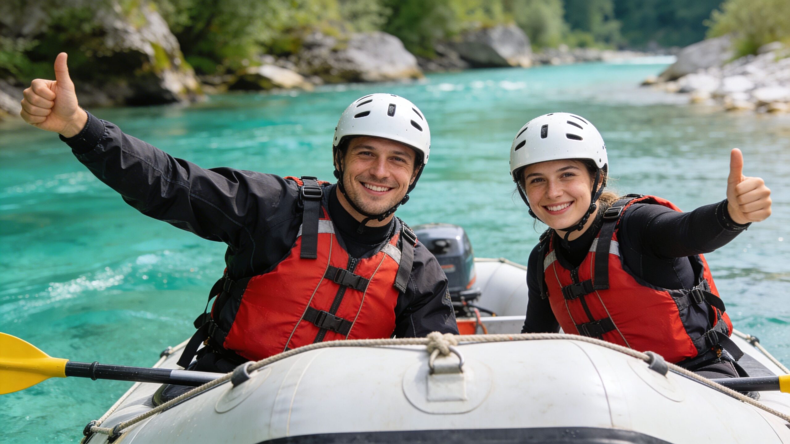 A smiling couple wearing helmets and life vests giving a thumbs up in a raft on the Soca River