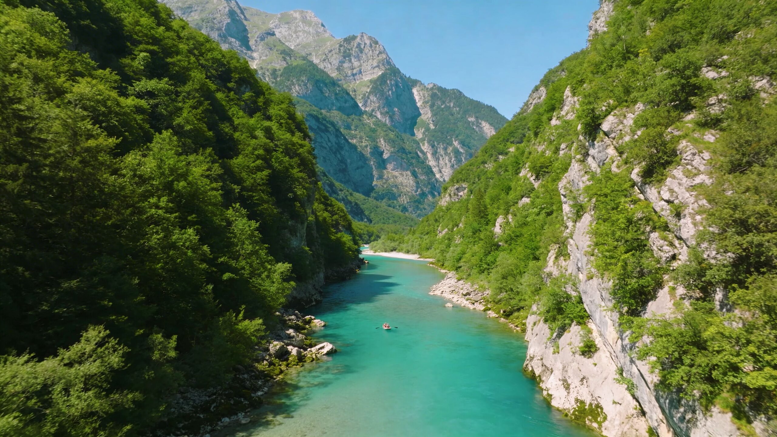 A small raft with people traveling down the turquoise Soca river surrounded by steep forested mountain cliffs.
