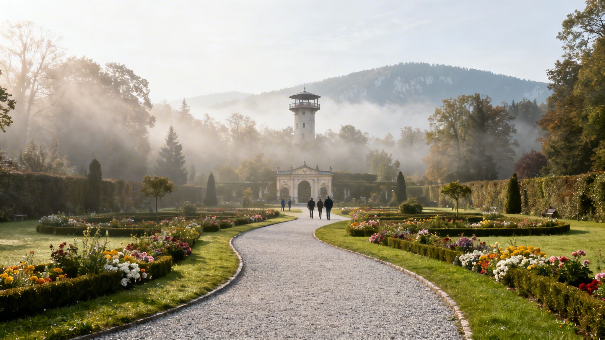 A winding path through a colorful foggy garden leads to an ornate archway and tower on a misty autumn morning.