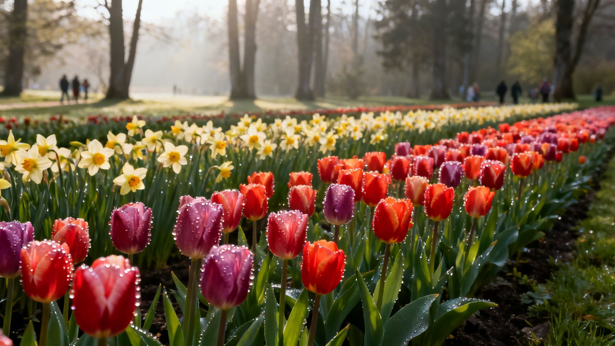 Rows of dew-kissed red, purple tulips and yellow daffodils in a sunny park setting.