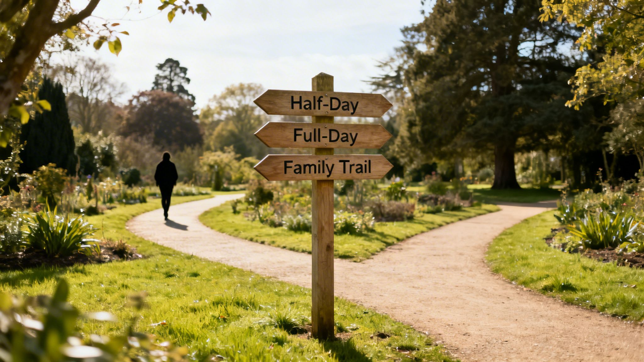 A wooden signpost in a sunny park offers path choices: Half-Day, Full-Day, Family Trail, with a person walking.