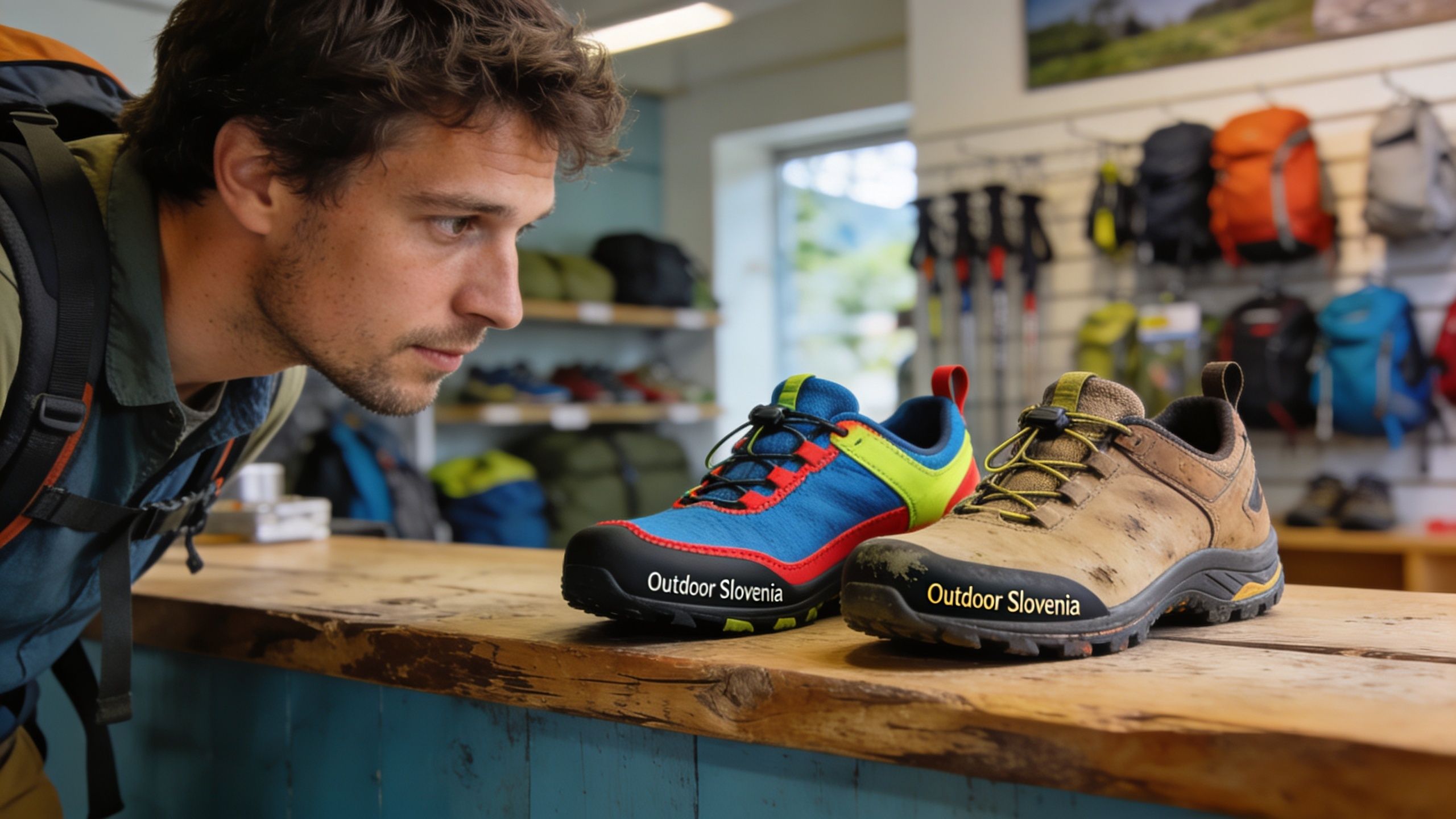 A man observing a pair of colorful and brown Outdoor Slovenia hiking shoes on a wooden counter.