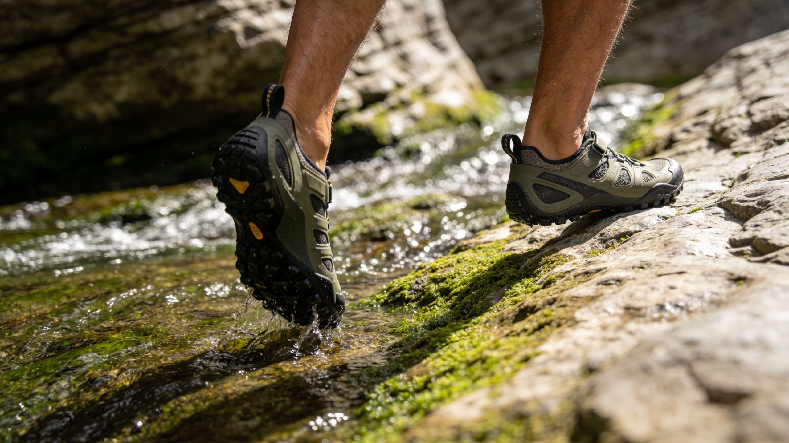 A person wearing rugged olive green water shoes while walking through a shallow forest stream over rocks.