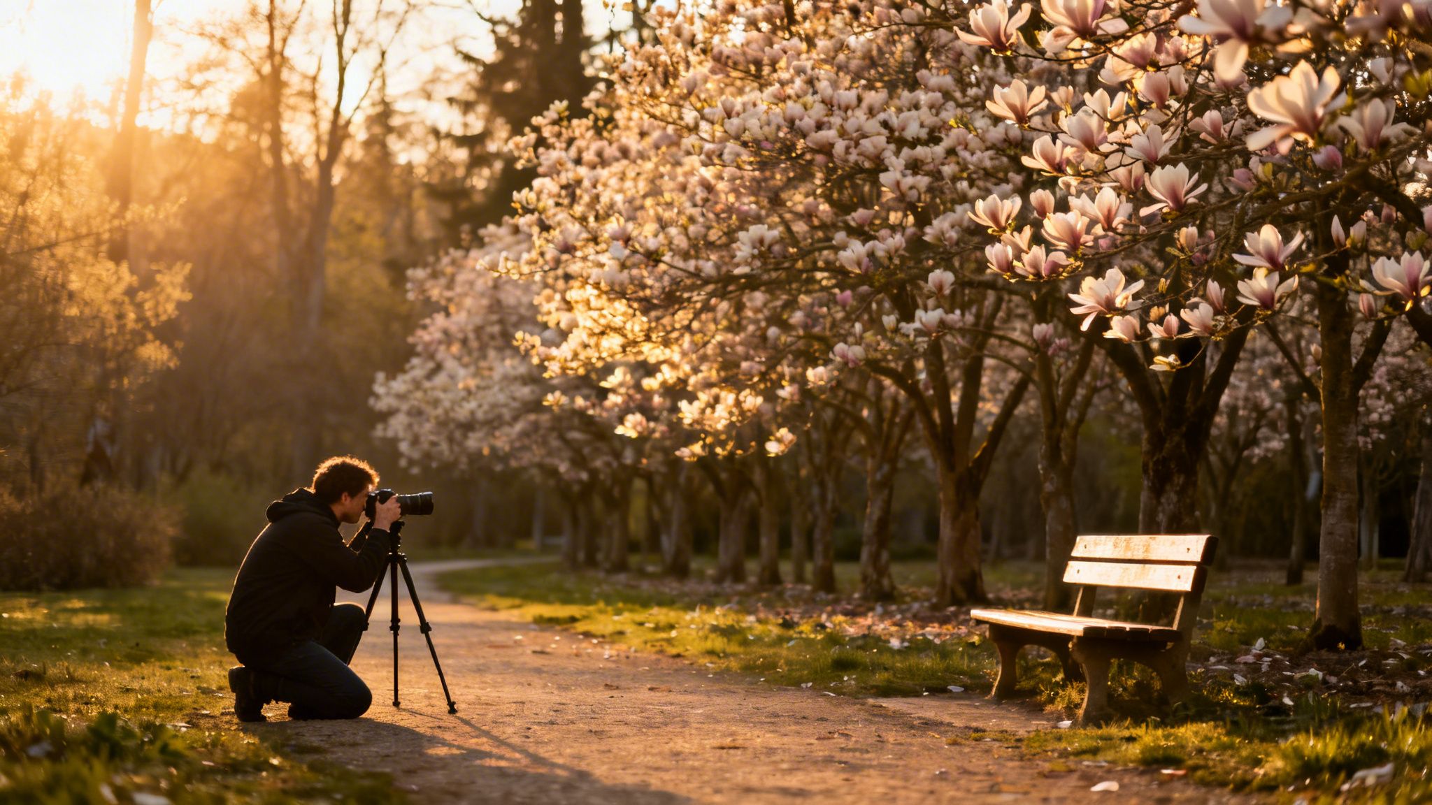 A photographer captures blooming magnolia trees and a park path during a beautiful golden hour sunset.