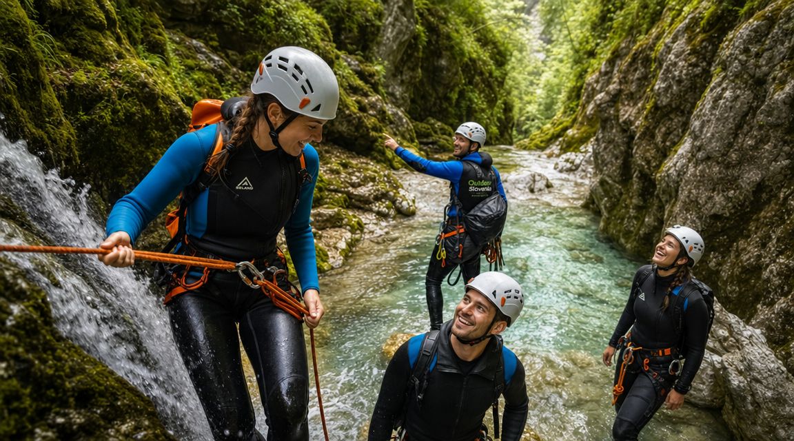 A group of adventurous people canyoning through a clear river surrounded by rocky cliffs and lush greenery.