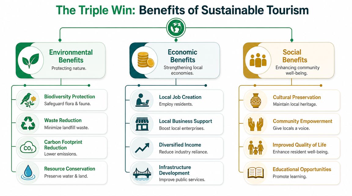 An infographic titled The Triple Win outlining the environmental, economic, and social benefits of sustainable tourism practices.
