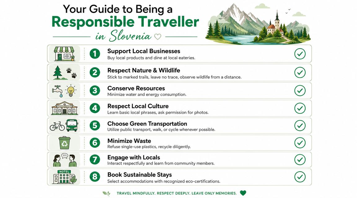 An infographic titled Your Guide to Being a Responsible Traveller in Slovenia featuring eight sustainable travel tips.