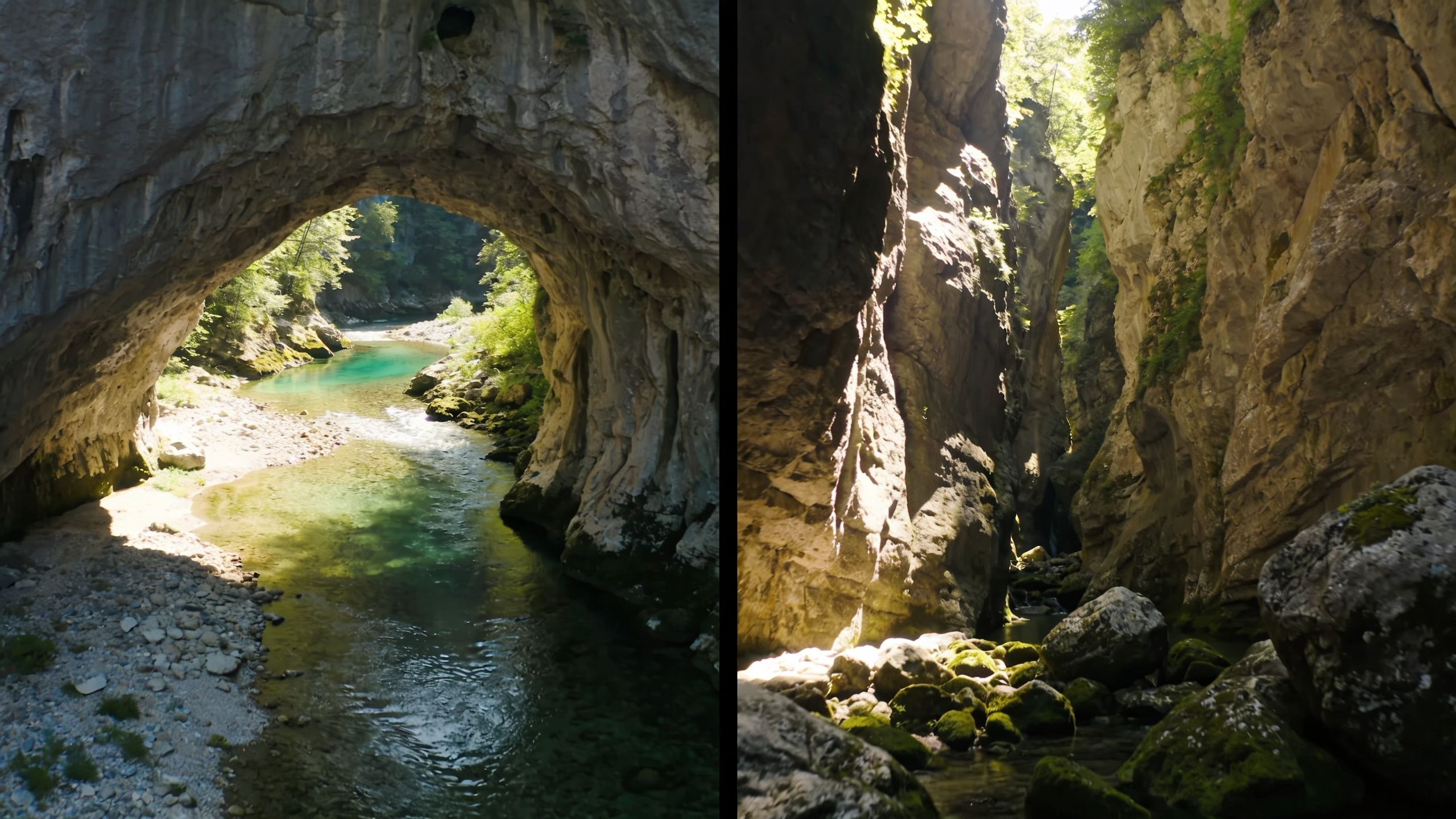 A split image showing a turquoise river flowing through a natural stone archway and deep rocky canyon walls.