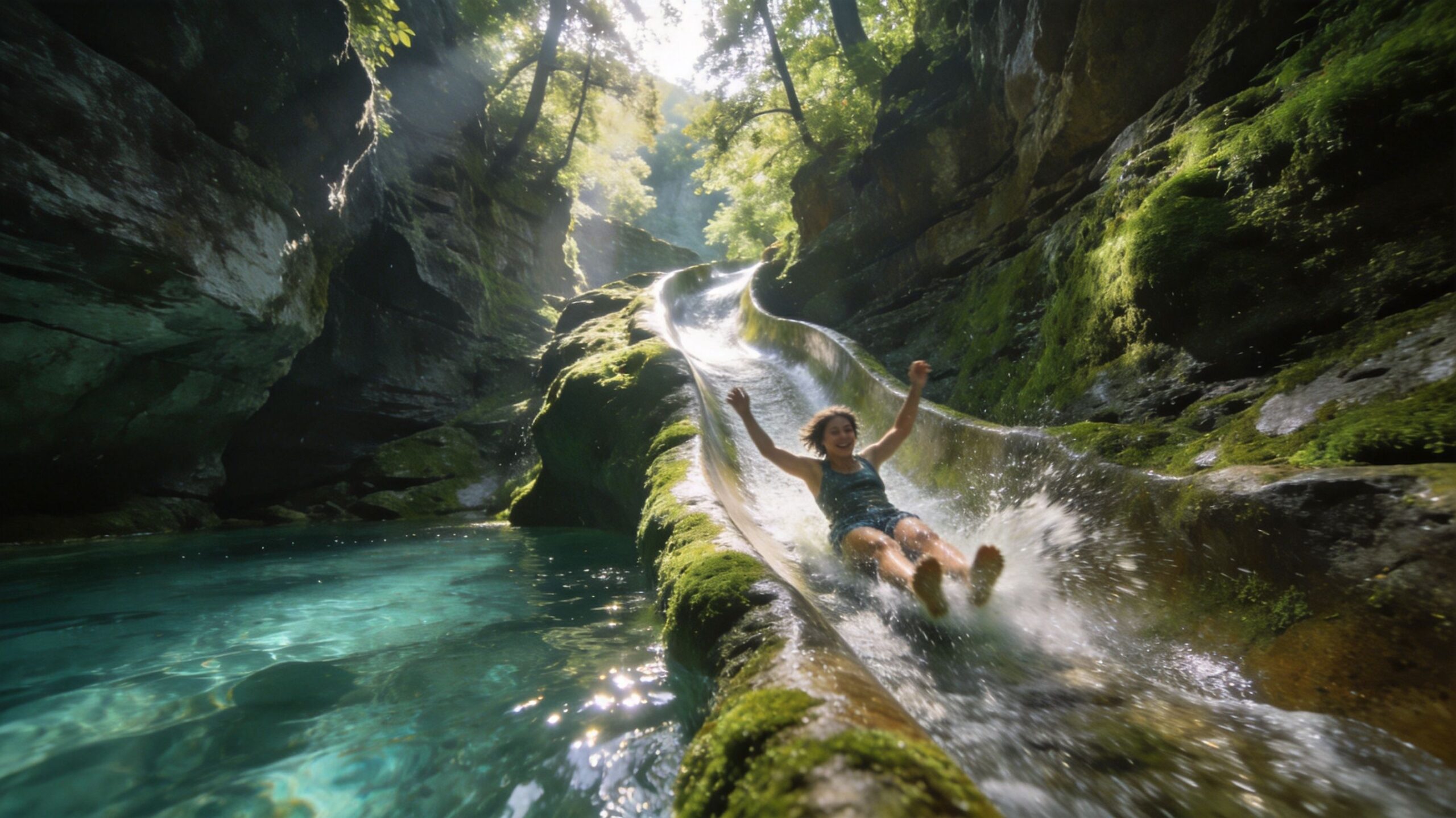 A joyful person slides down a natural, mossy stone water slide into a crystal clear forest pool.