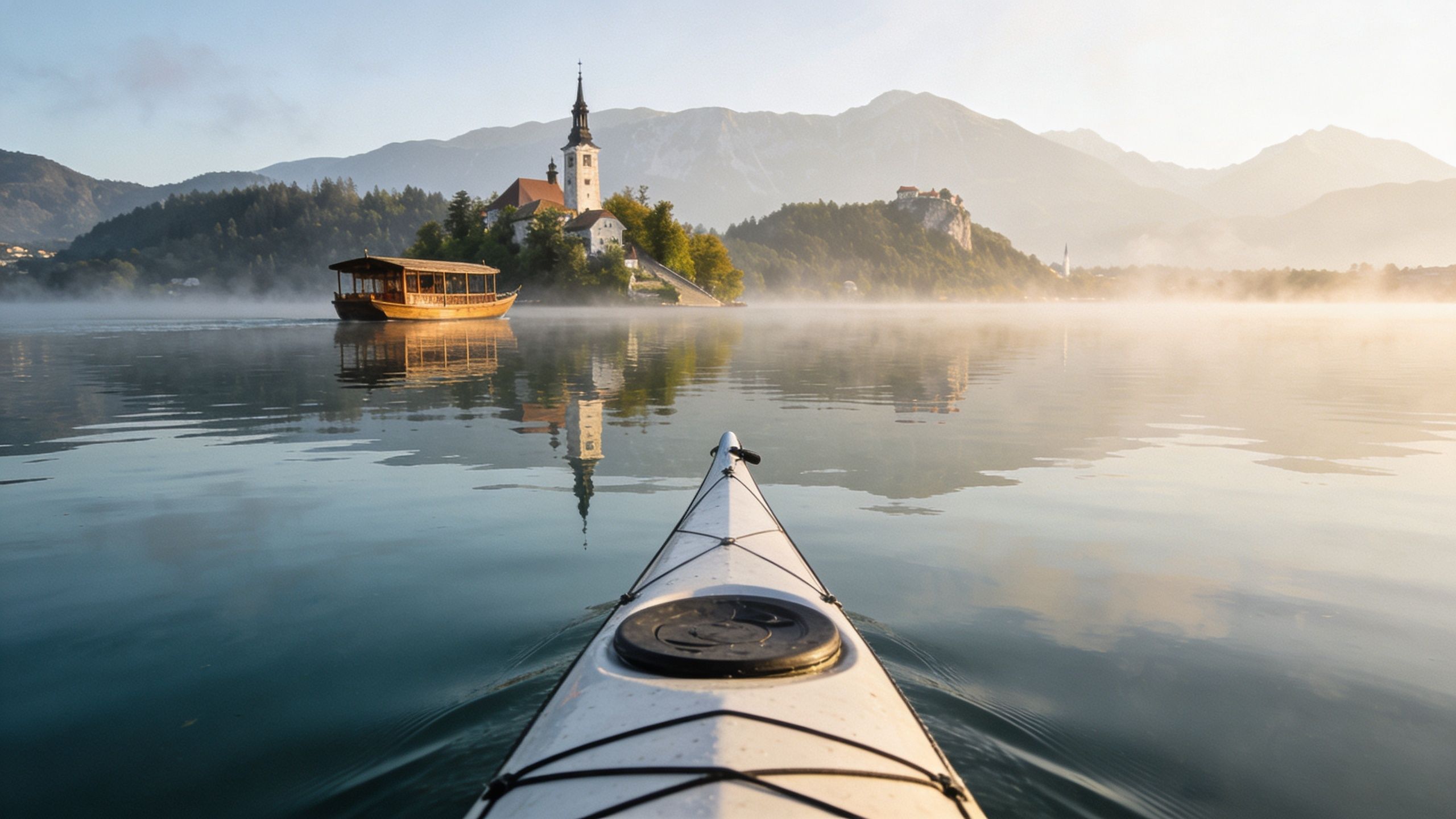 A kayak on the calm water of Lake Bled with a church on an island in the background