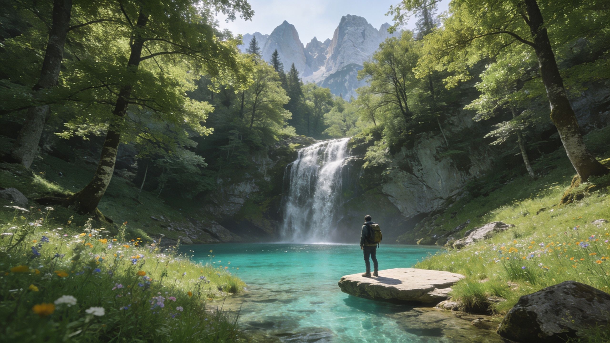 A hiker with a backpack standing on a rock overlooking a beautiful turquoise waterfall in Slovenia.
