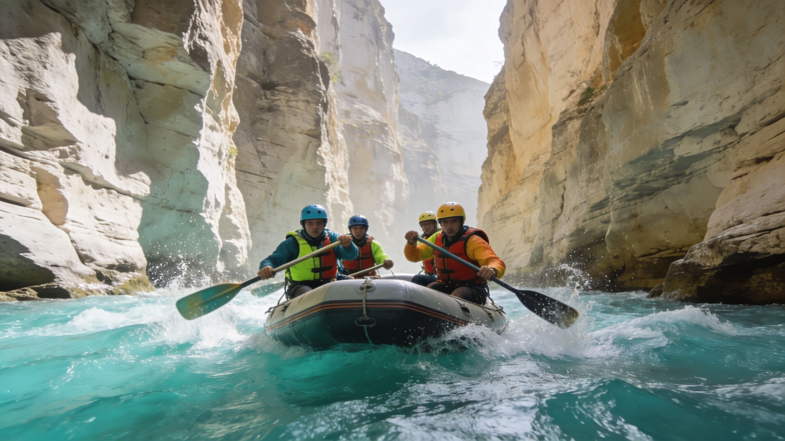 A group of people wearing safety helmets and life jackets rafting through a narrow river canyon.