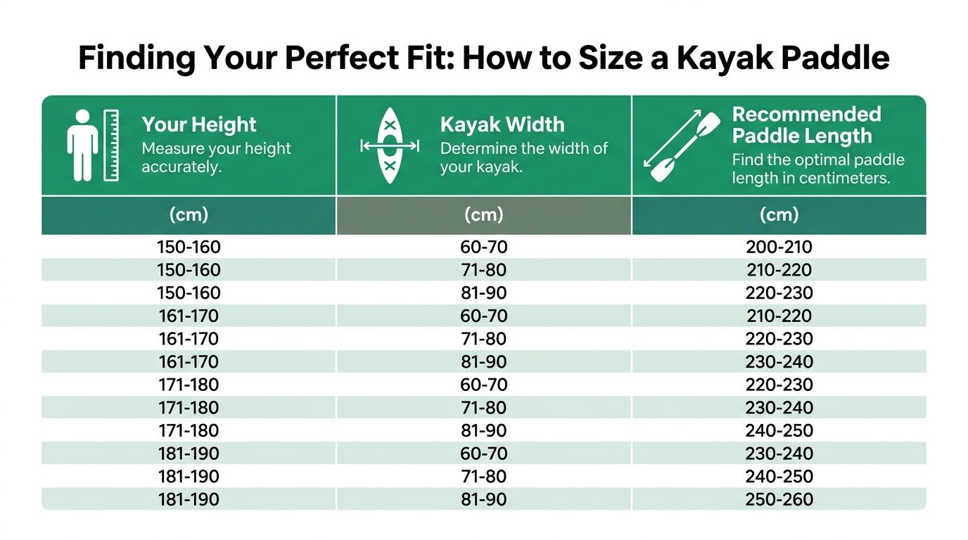 A chart showing recommended kayak paddle lengths based on user height and kayak width in centimeters.
