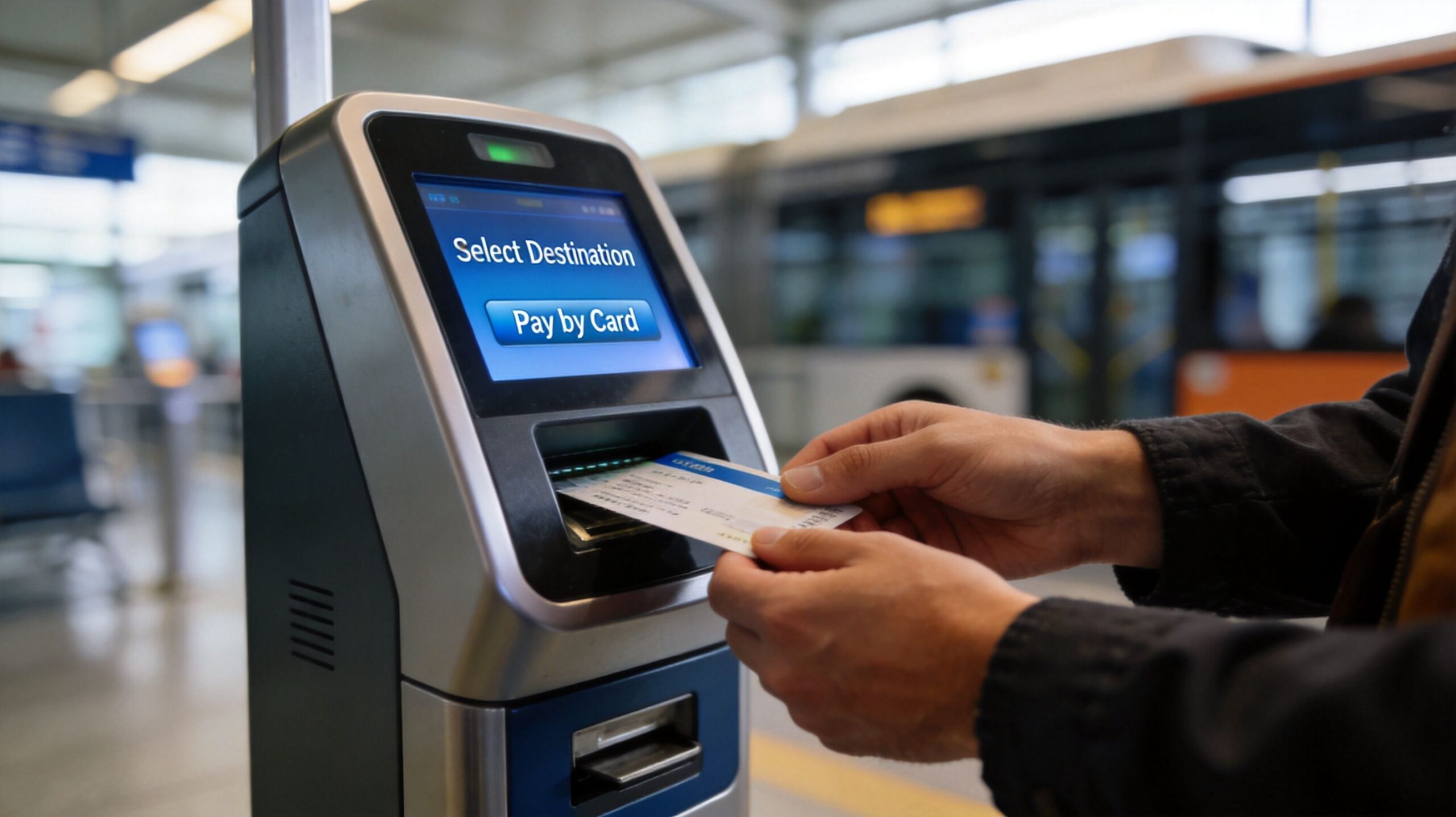 A person inserts a bus ticket or payment card into an automated ticket machine at a station.