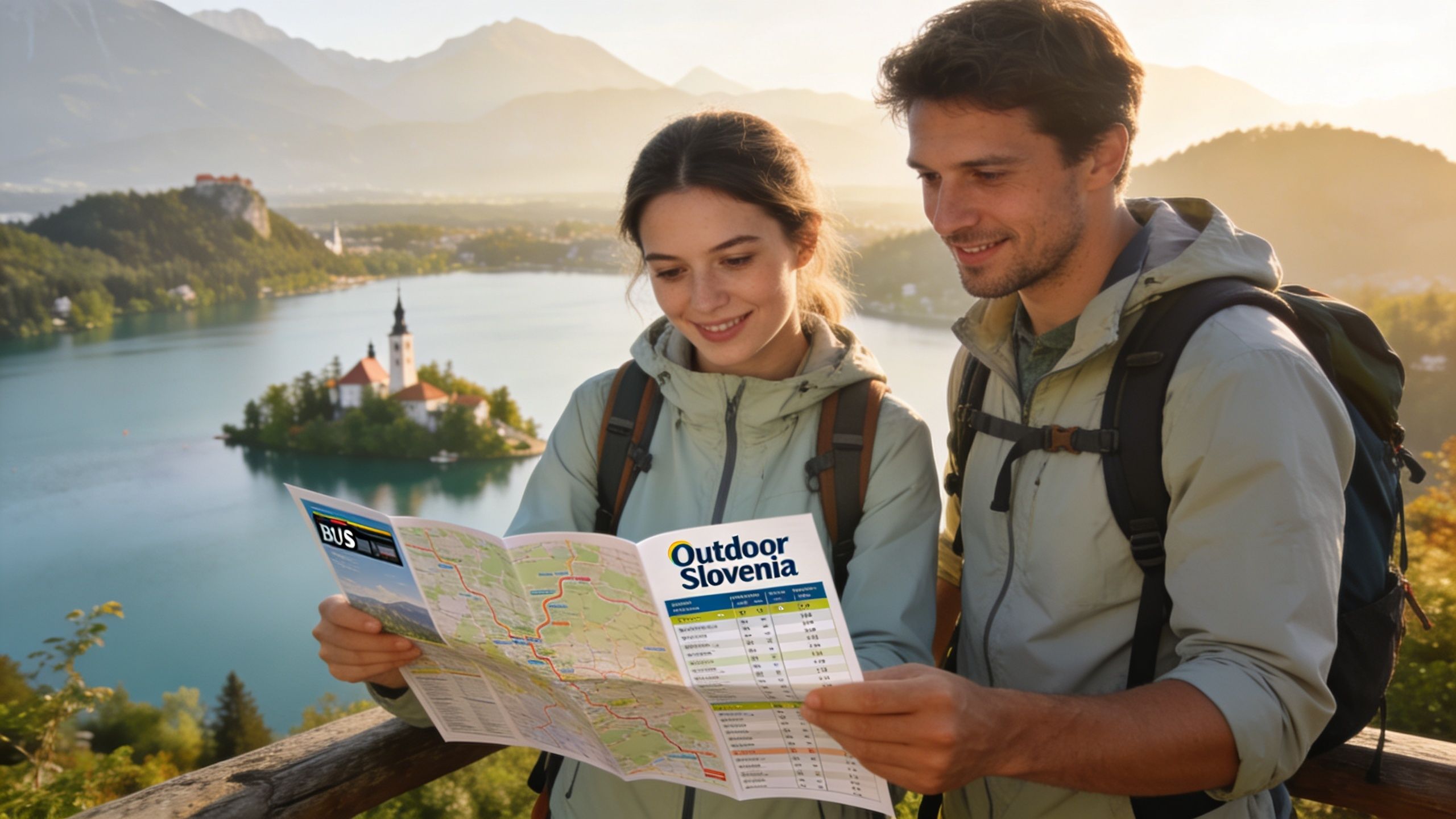 A couple holds an Outdoor Slovenia map, overlooking Lake Bled in the scenic Julian Alps.