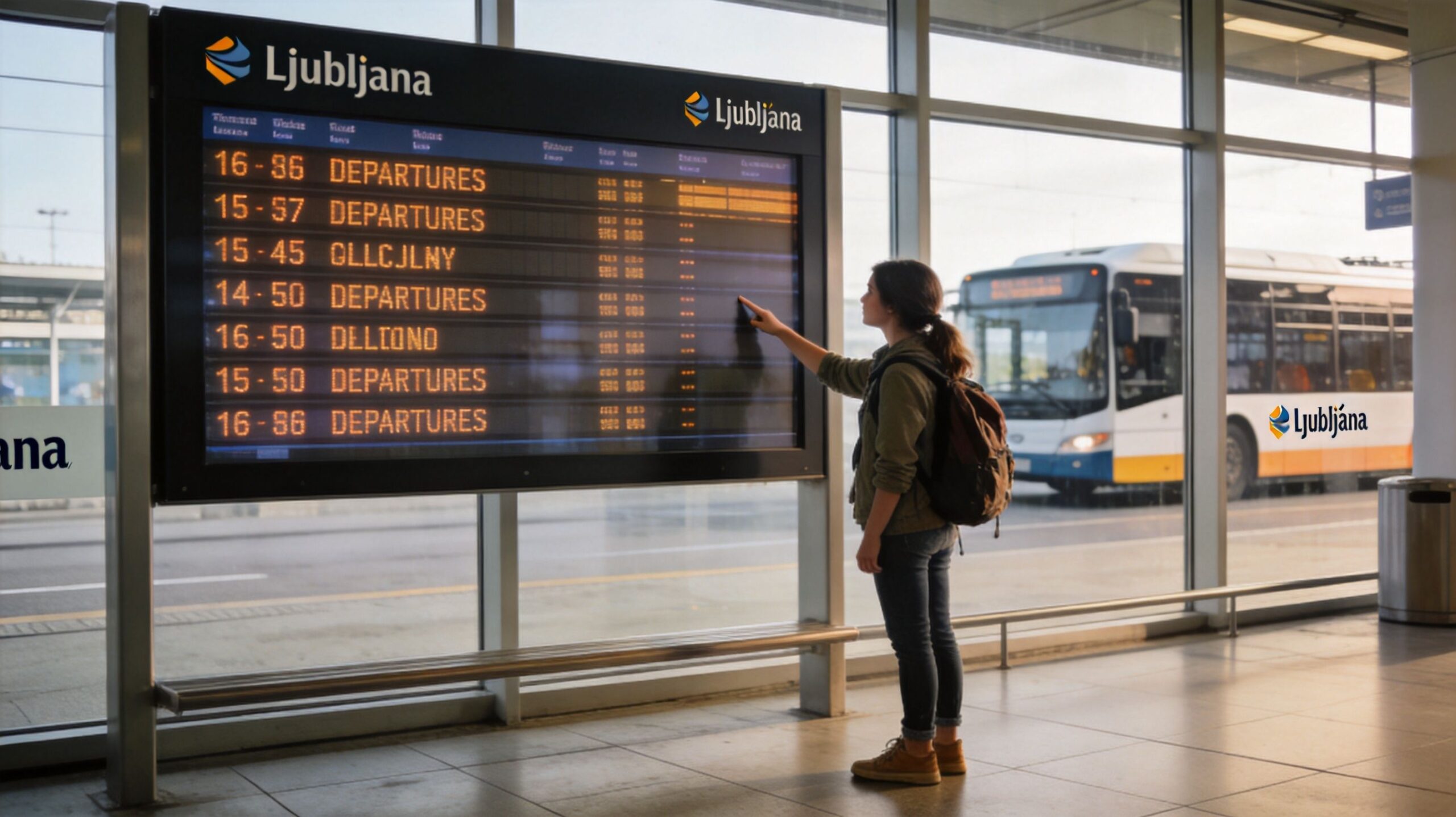 A female traveler checking a digital bus departure schedule at Ljubljana station with a bus visible outside.