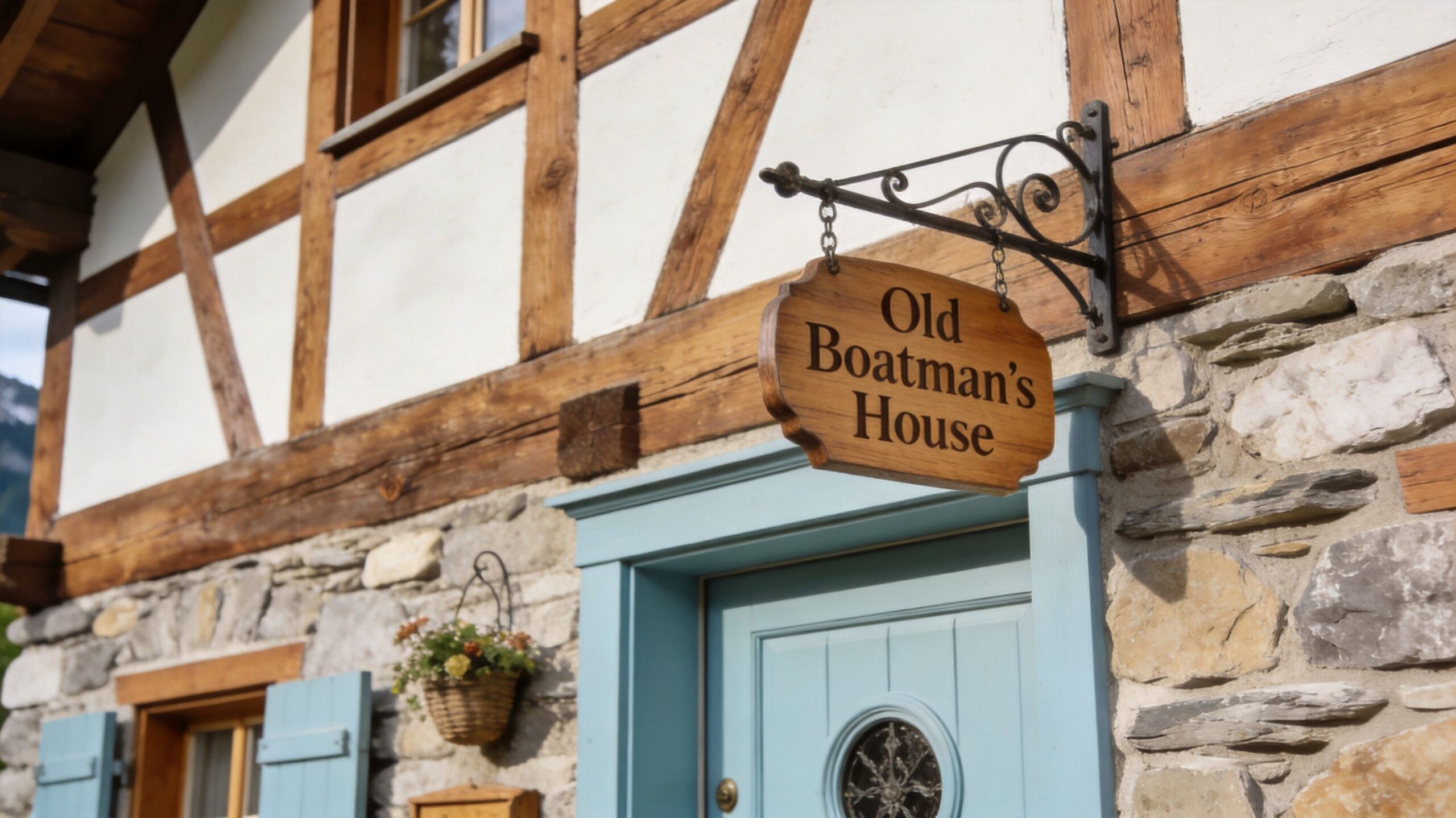 A rustic stone cottage with timber framing and a wooden sign that says Old Boatman's House.
