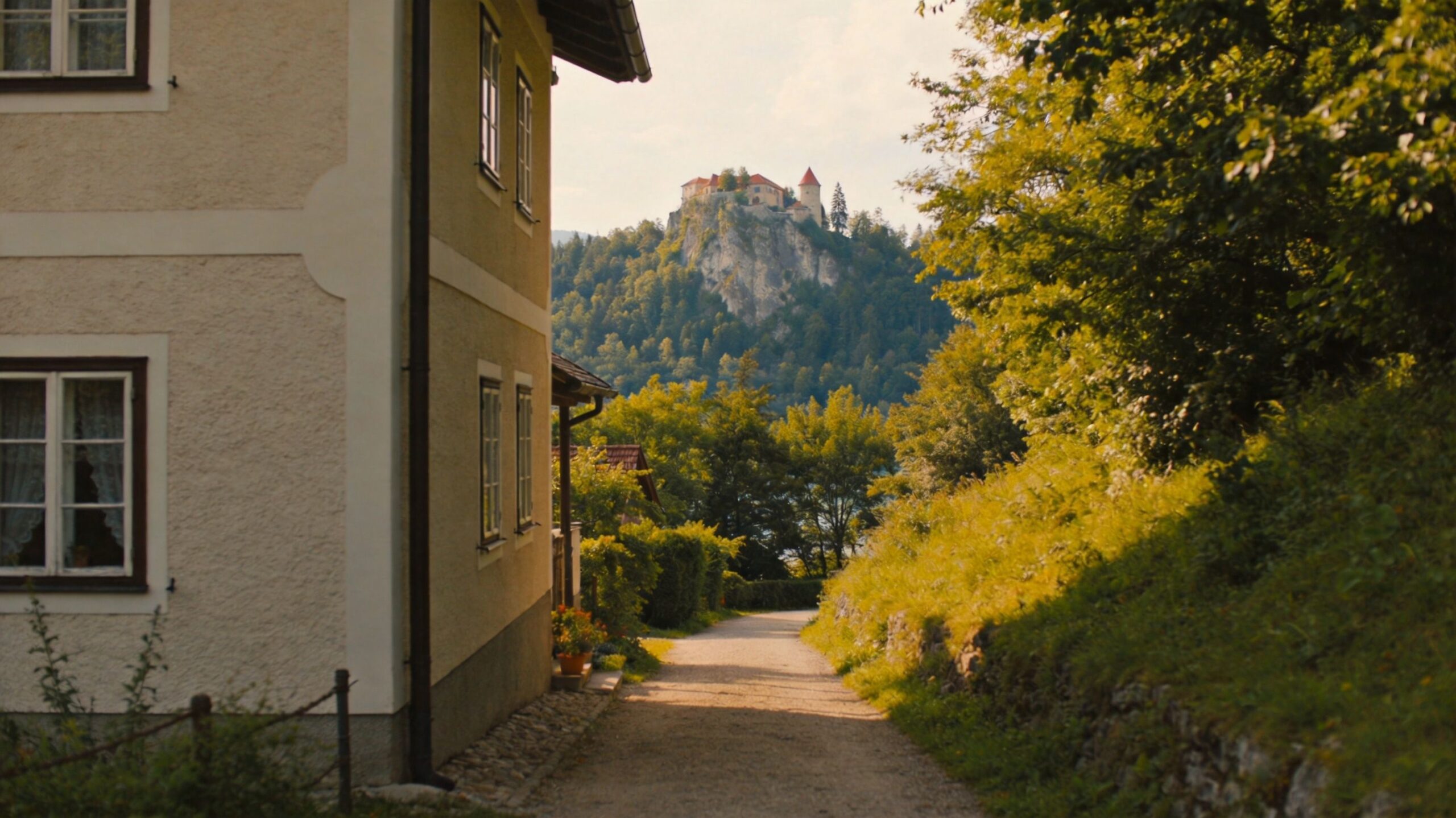 A scenic view of a quiet dirt path leading toward a castle perched on a cliffside.