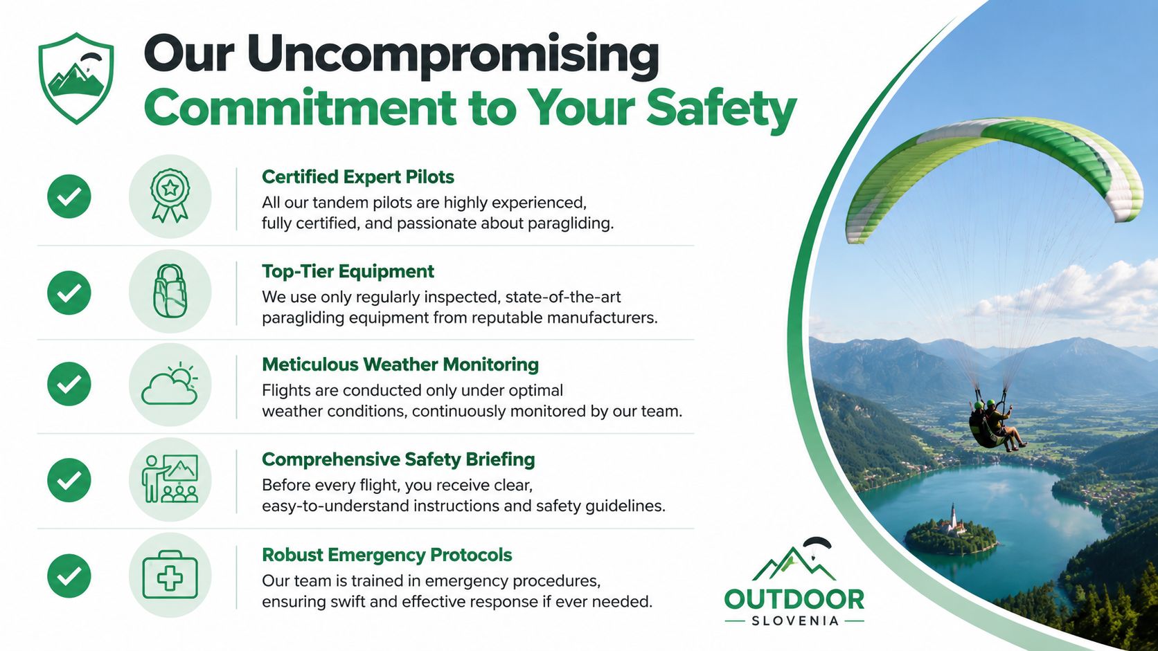 An infographic showing Outdoor Slovenia's safety commitment with five key points about paragliding safety and equipment.