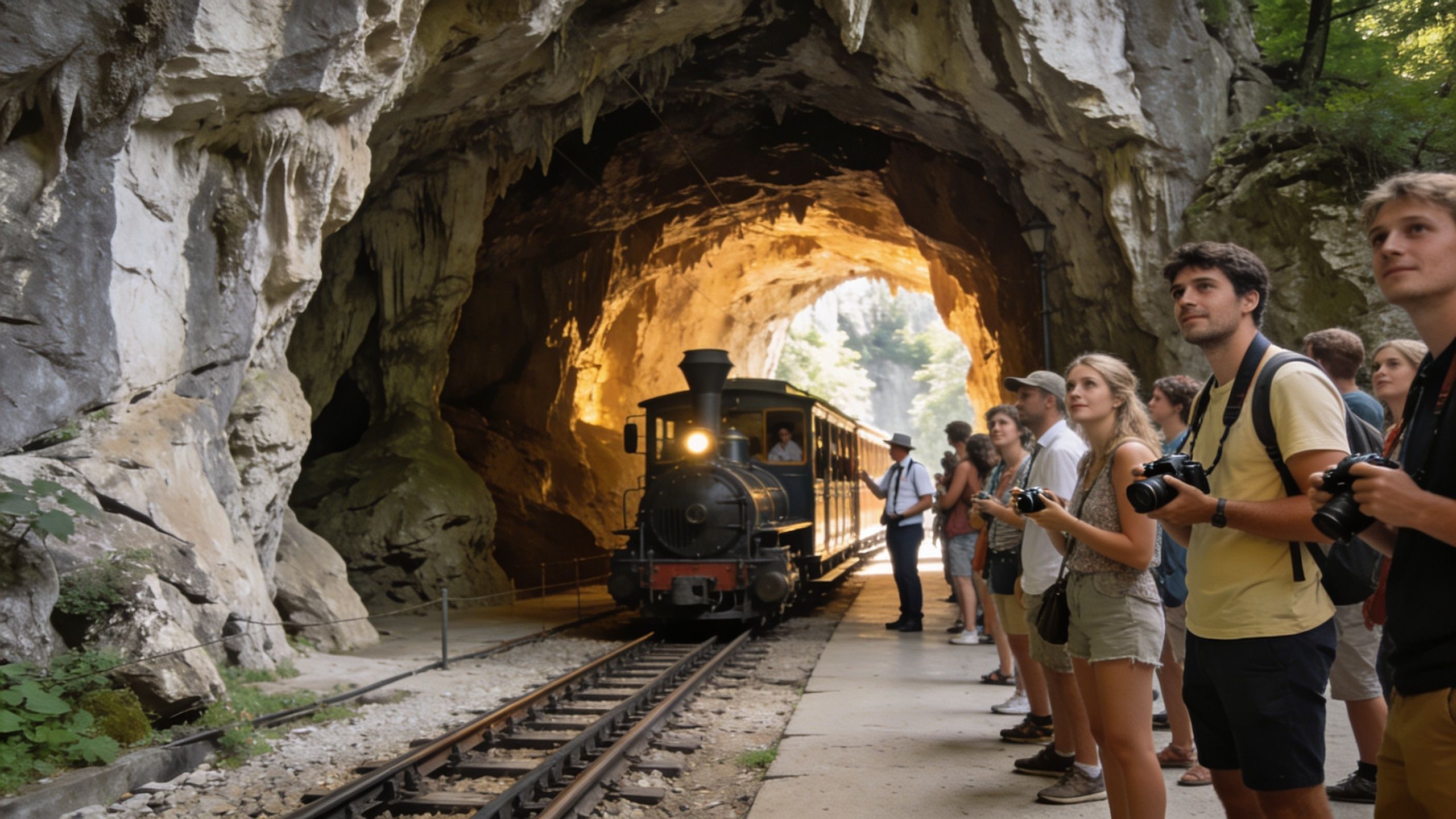 A vintage steam train emerges from inside the Postojna Cave tunnel as a group of tourists takes photos.