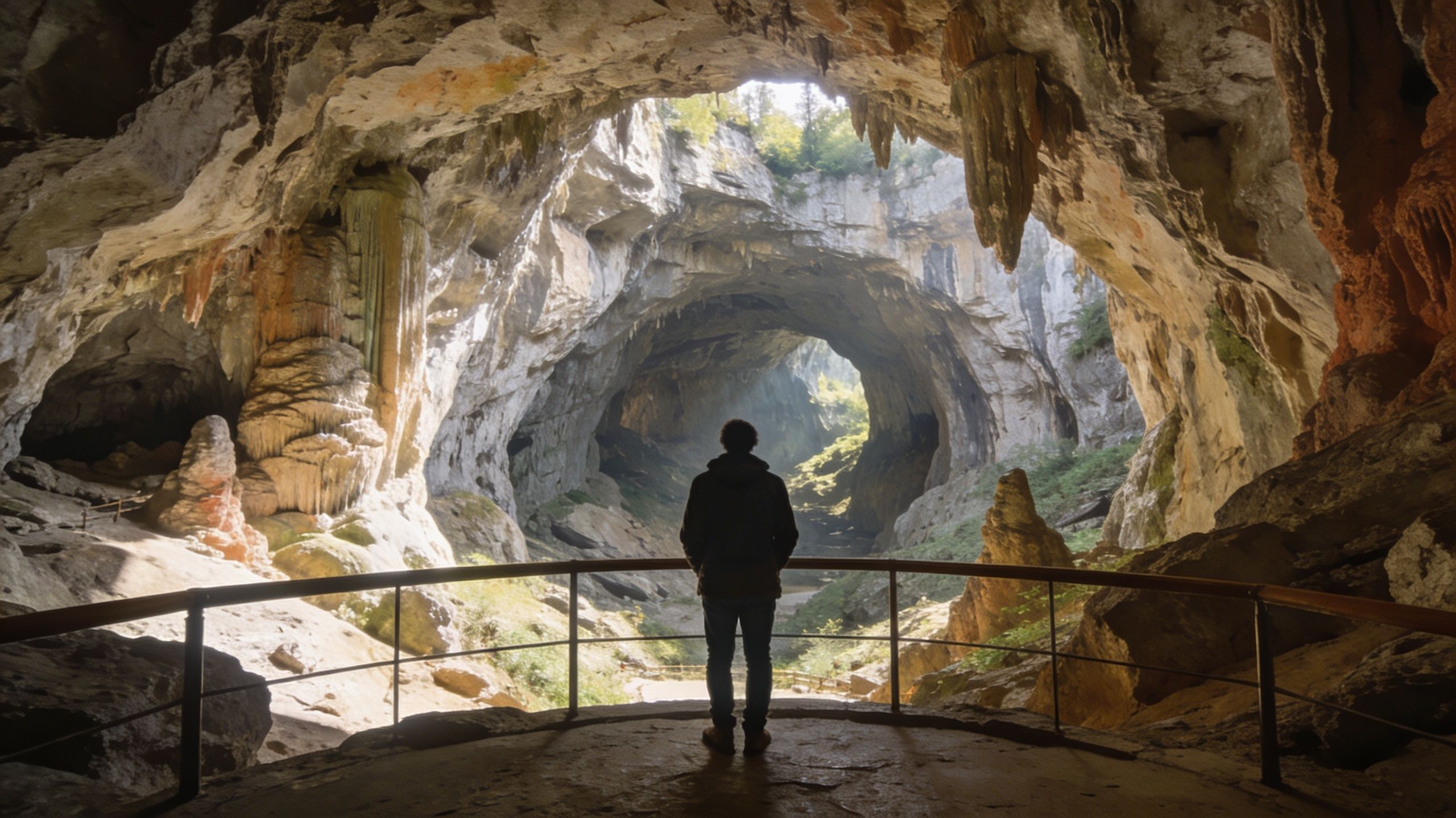 A traveler looking into the vast, naturally lit entrance of a majestic limestone cave with rock formations.