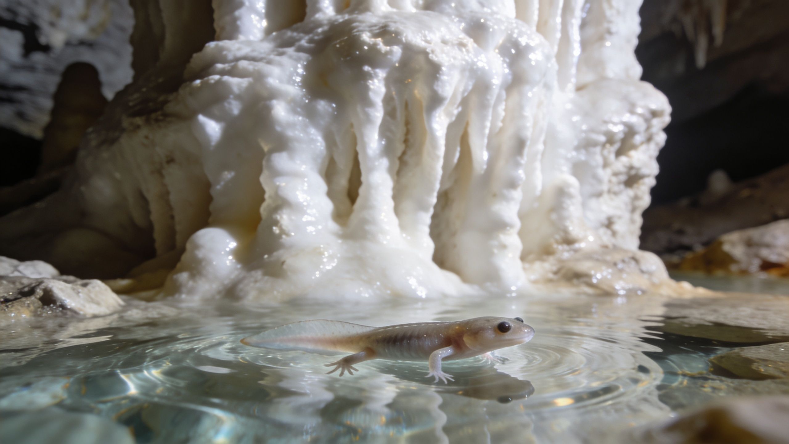 An olm salamander resting in the shallow water of the Postojna Cave beneath large white cave formations.