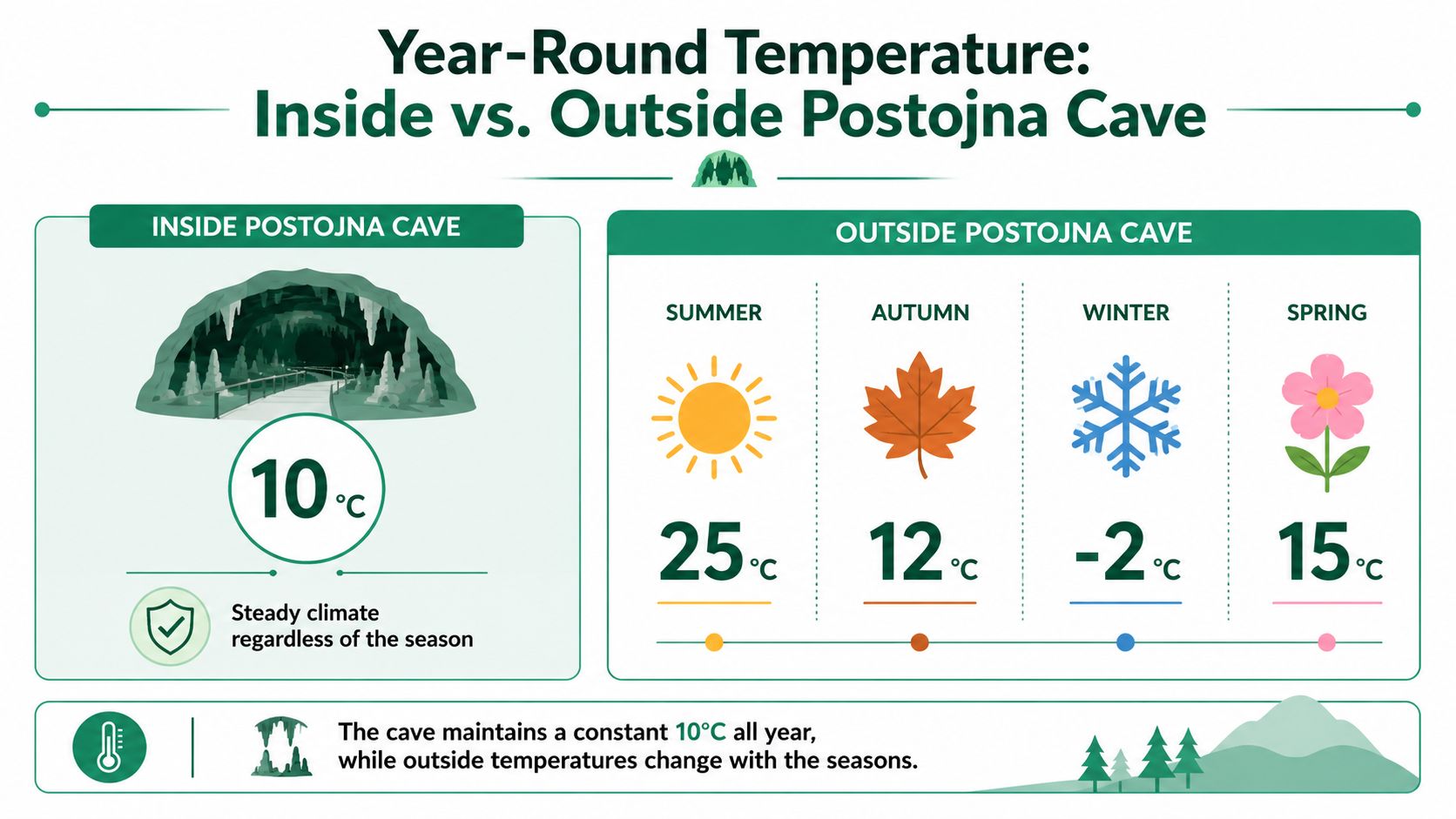 An infographic comparing the constant internal temperature of Postojna Cave with varying seasonal temperatures outside.