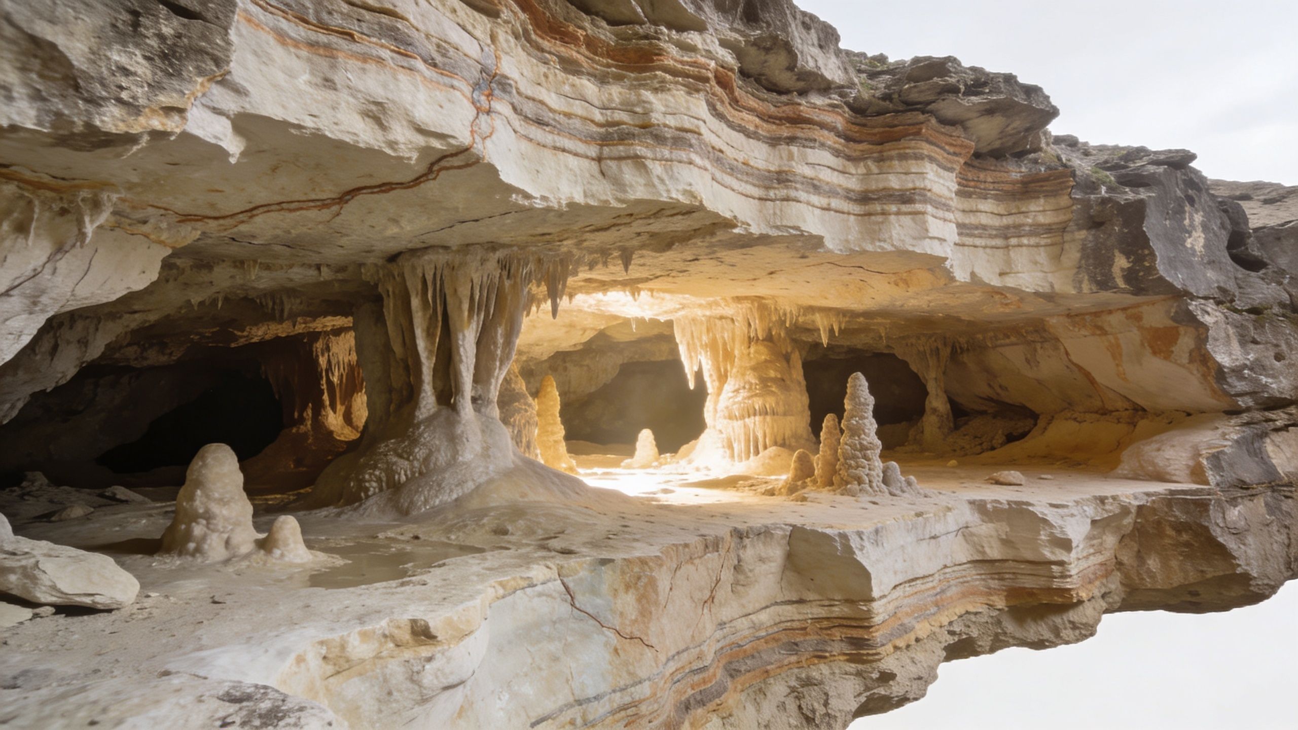 A scenic view inside a sunlit limestone cave featuring dramatic stalactites, stalagmites, and unique stratified rock formations.