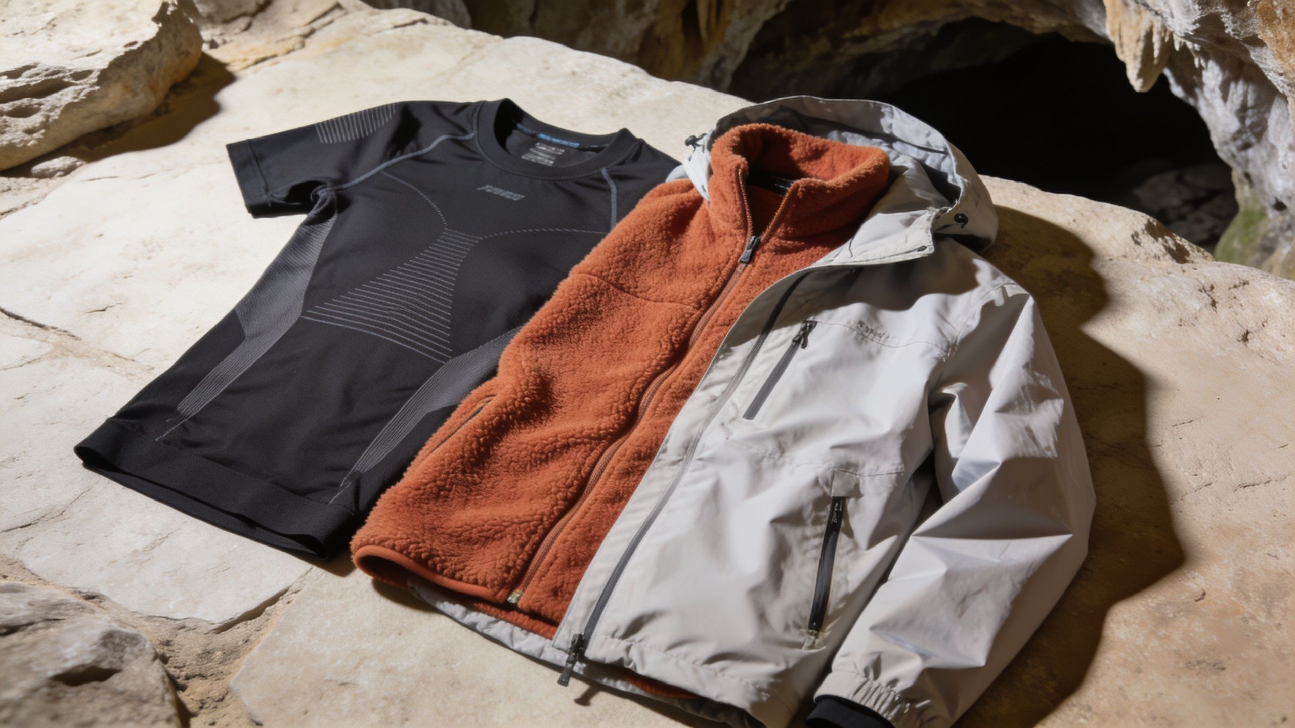 A black base layer shirt and a fleece-lined winter jacket displayed on rocks inside Postojna Cave.