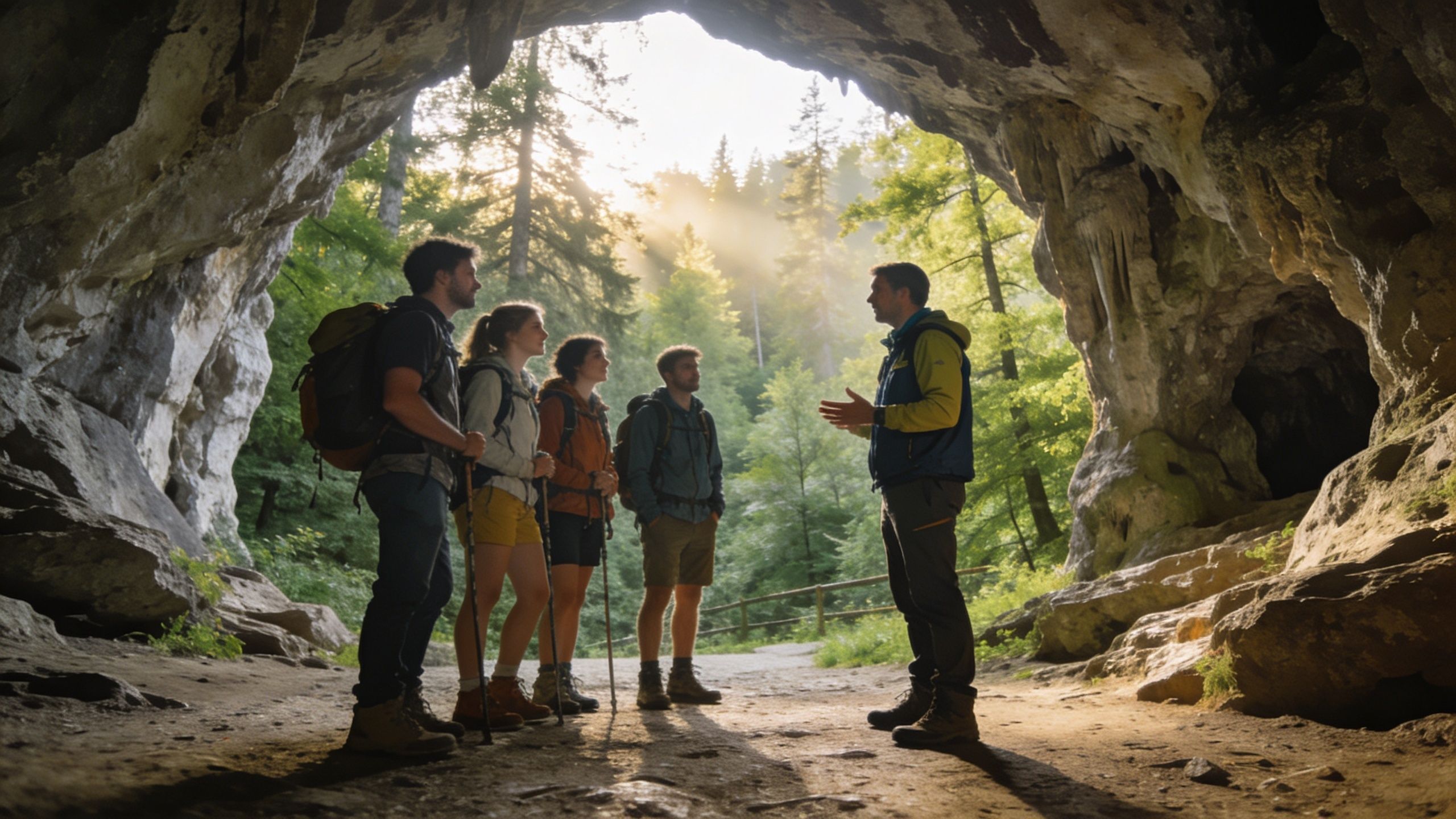 A professional tour guide explaining geological features to a small group of tourists inside a cave.